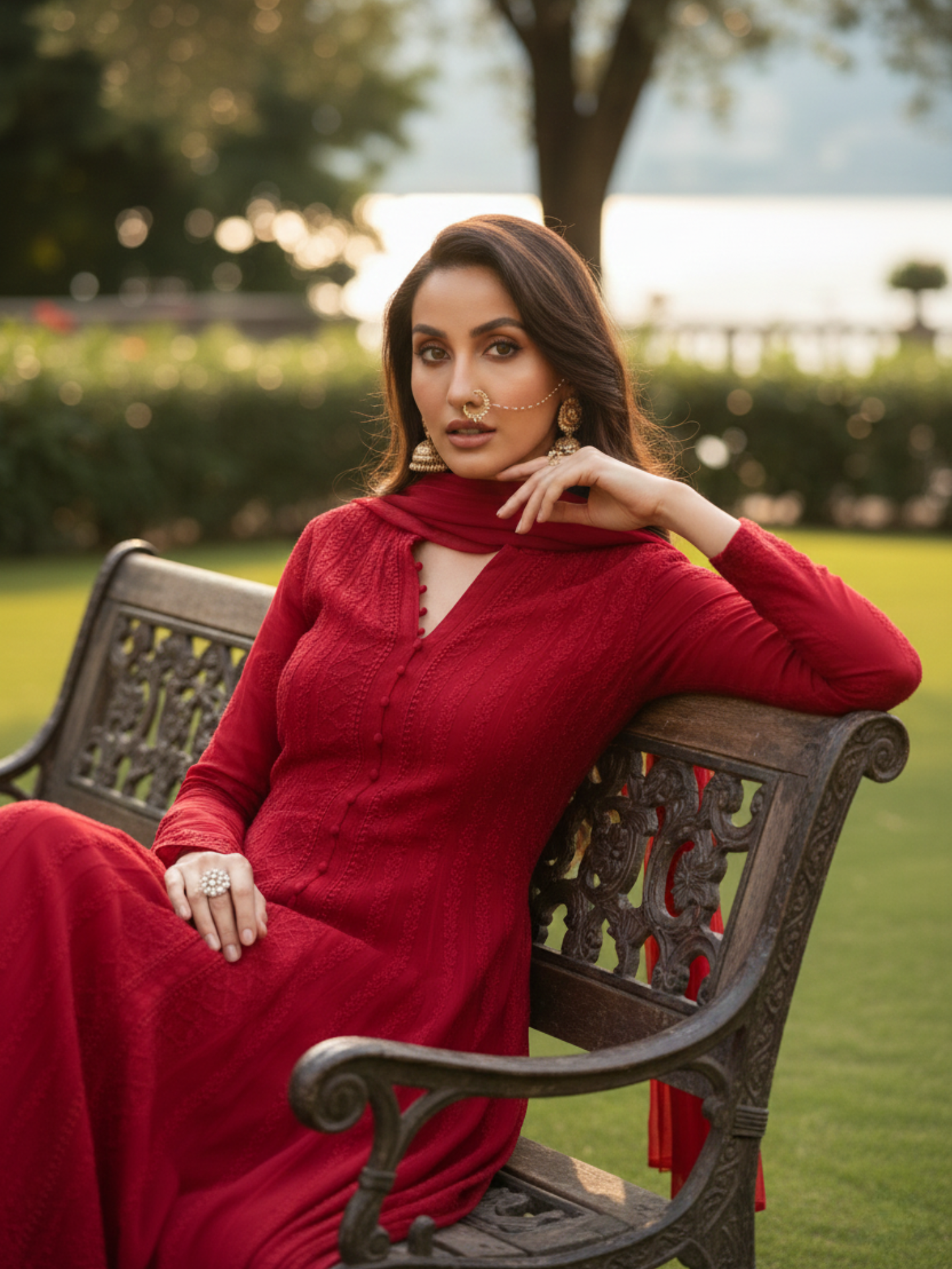 Ravello Red Chikankari & Mukaish Anarkali Set (Set of 3)