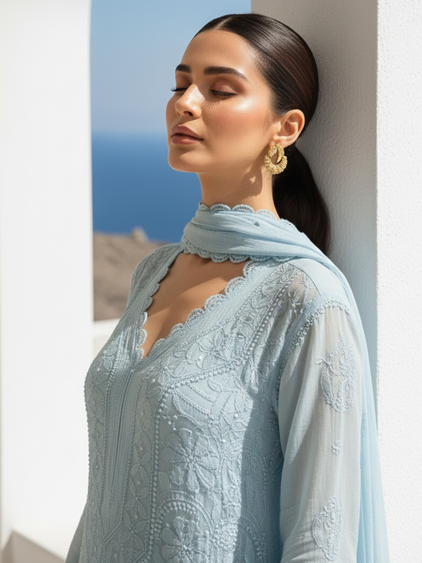 Moroccan Blue Chikankari Kurta Set (Set of 3)