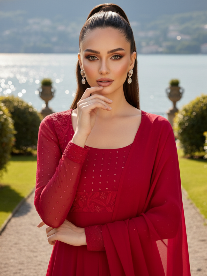 Noir Red Chikankari Anarkali Set (Set of 3)