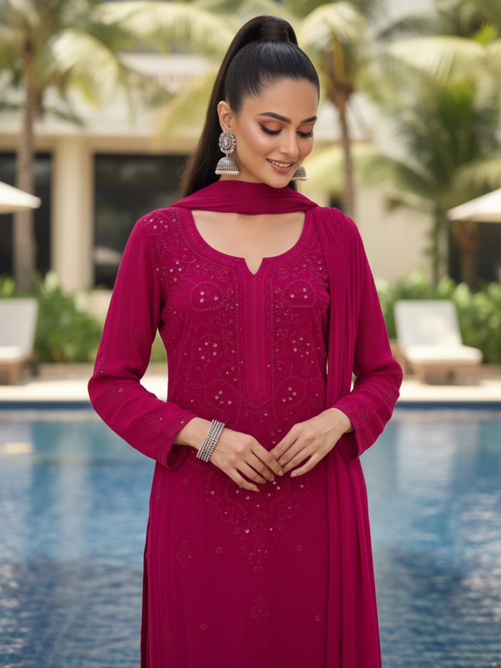 Vibrant Pink Chikankari Kurta Set (Set of 3)