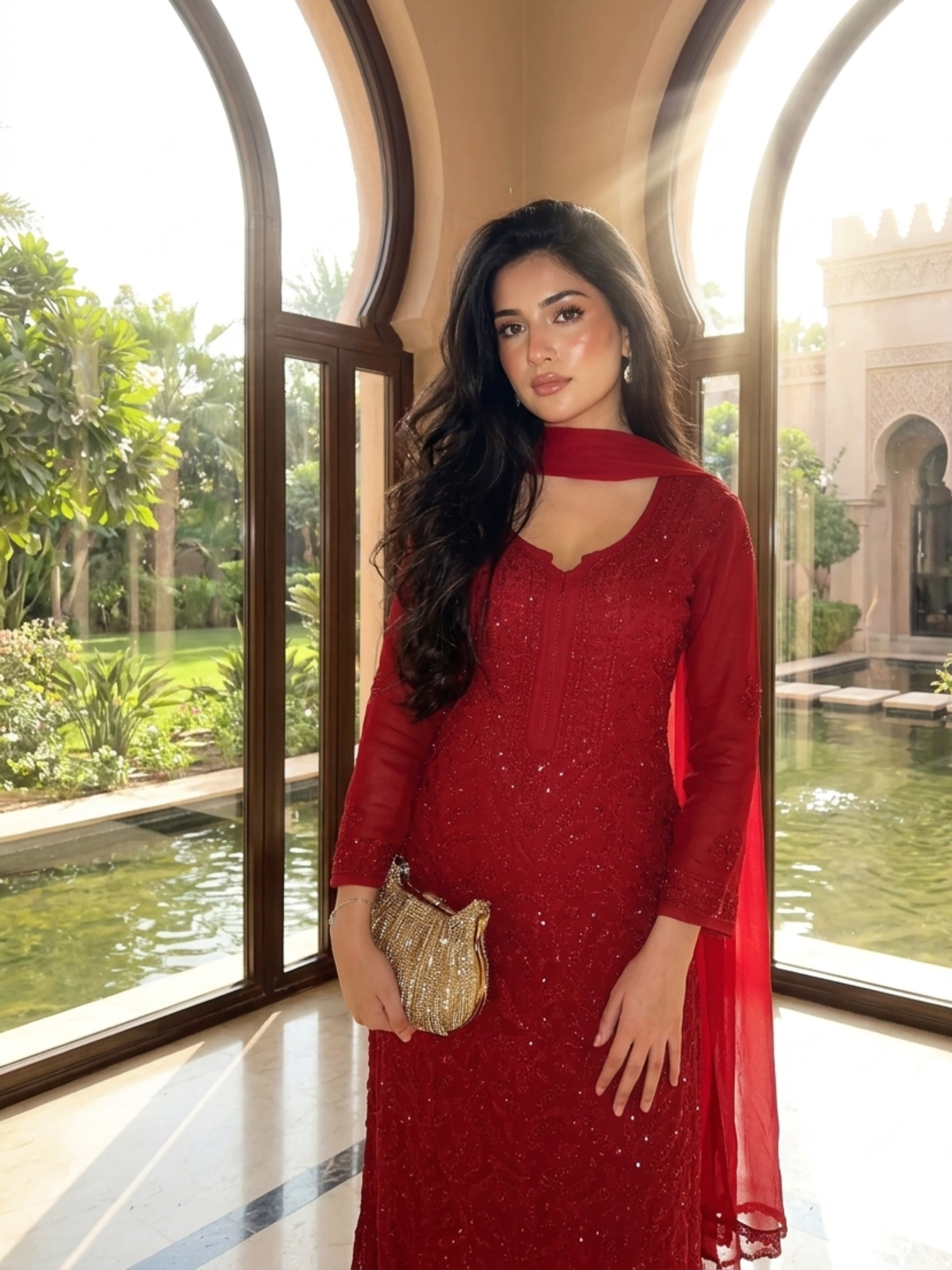 Forbidden Red Full Sleeves Chikankari Kurta Set (Set of 3)