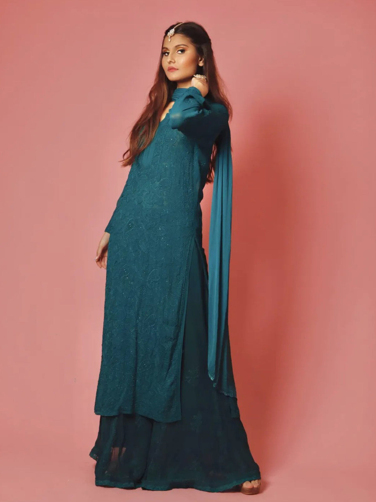 Dreamy Teal Chikankari and Mukaish Full Sleeves Kurta Set