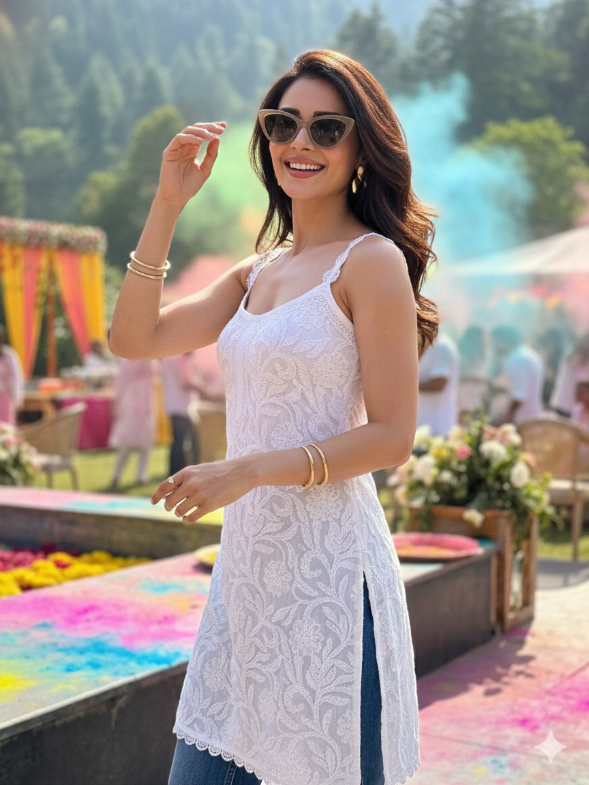 White Floral Chikankari & Lace Short Kurta