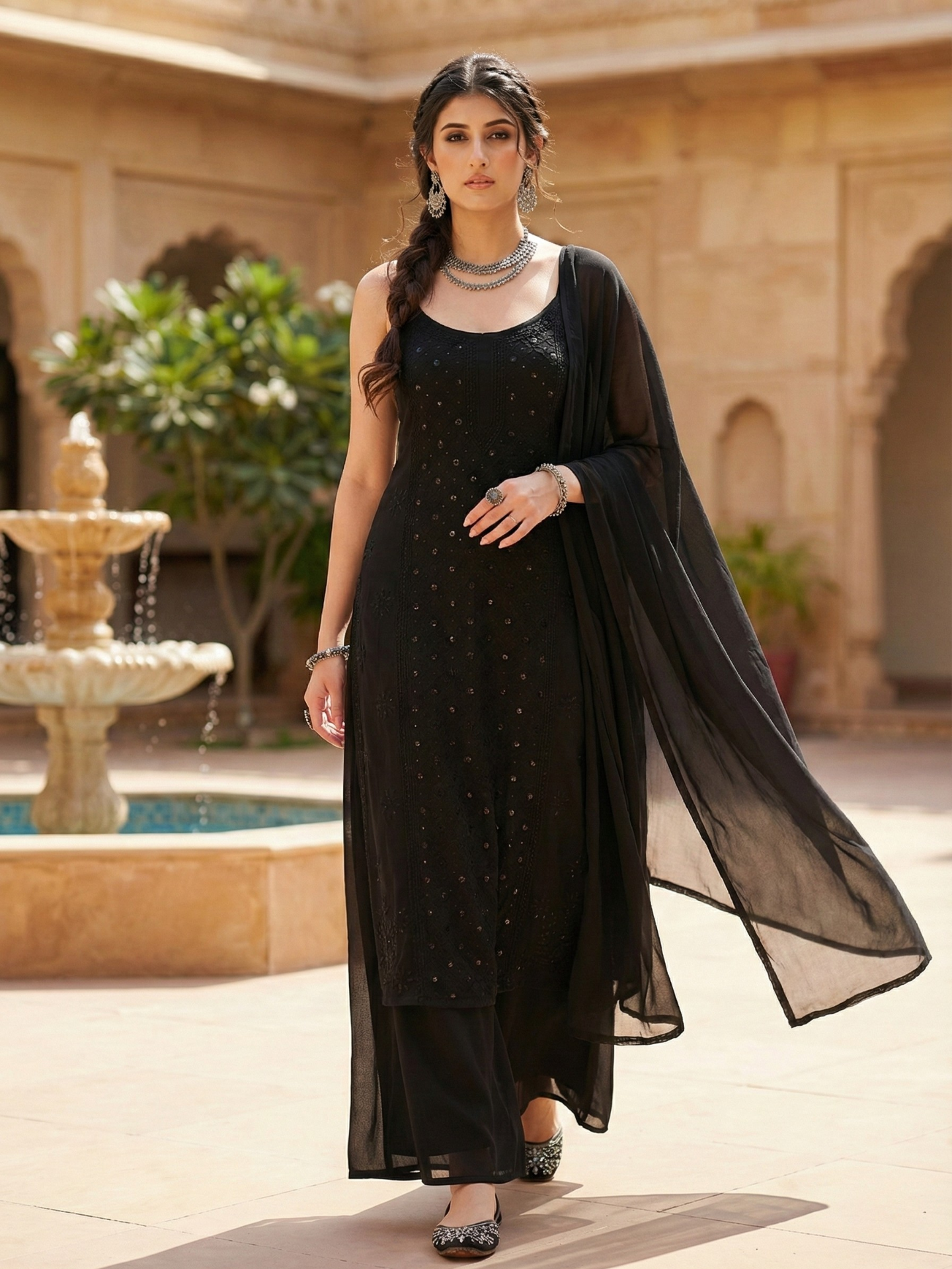 Black Ivy Chikankari & Mukaish Ringwork Kurta Set (Set of 3)