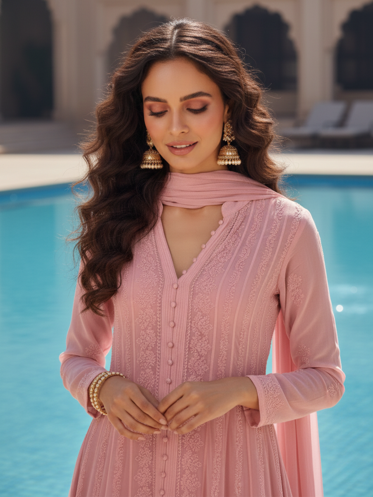 Daisy Pink Anarkali Chikankari Set (Set of 3)