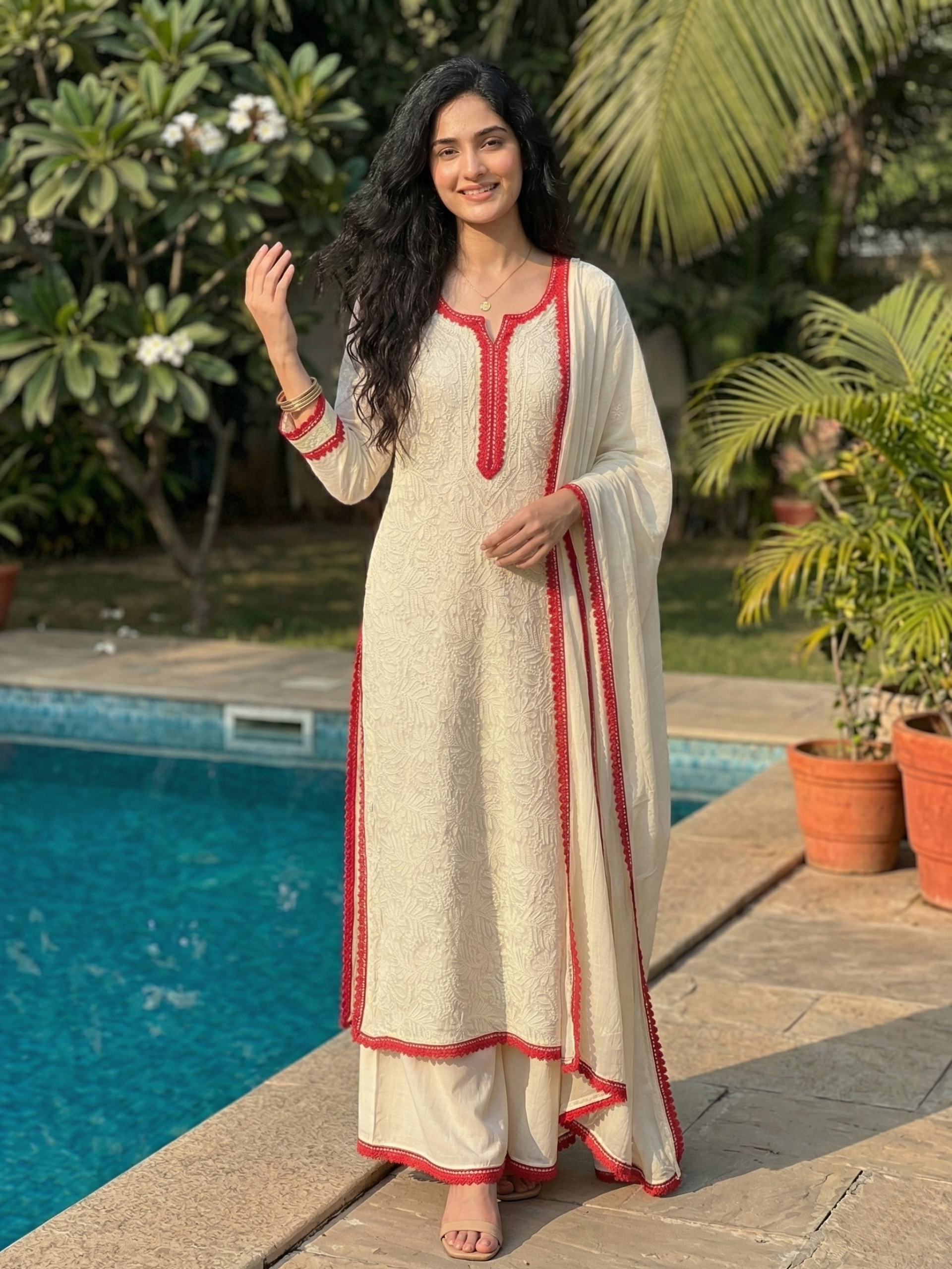 Rose & Butter Yellow Chikankari Kurta Set (Set of 3)