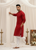 Fiery Red Mens Chikankari Hand-embroidered Kurta