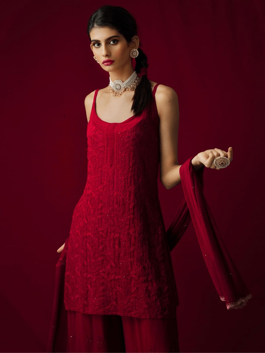 Scarlet Red Chikankari Kurta-Palazzo Set