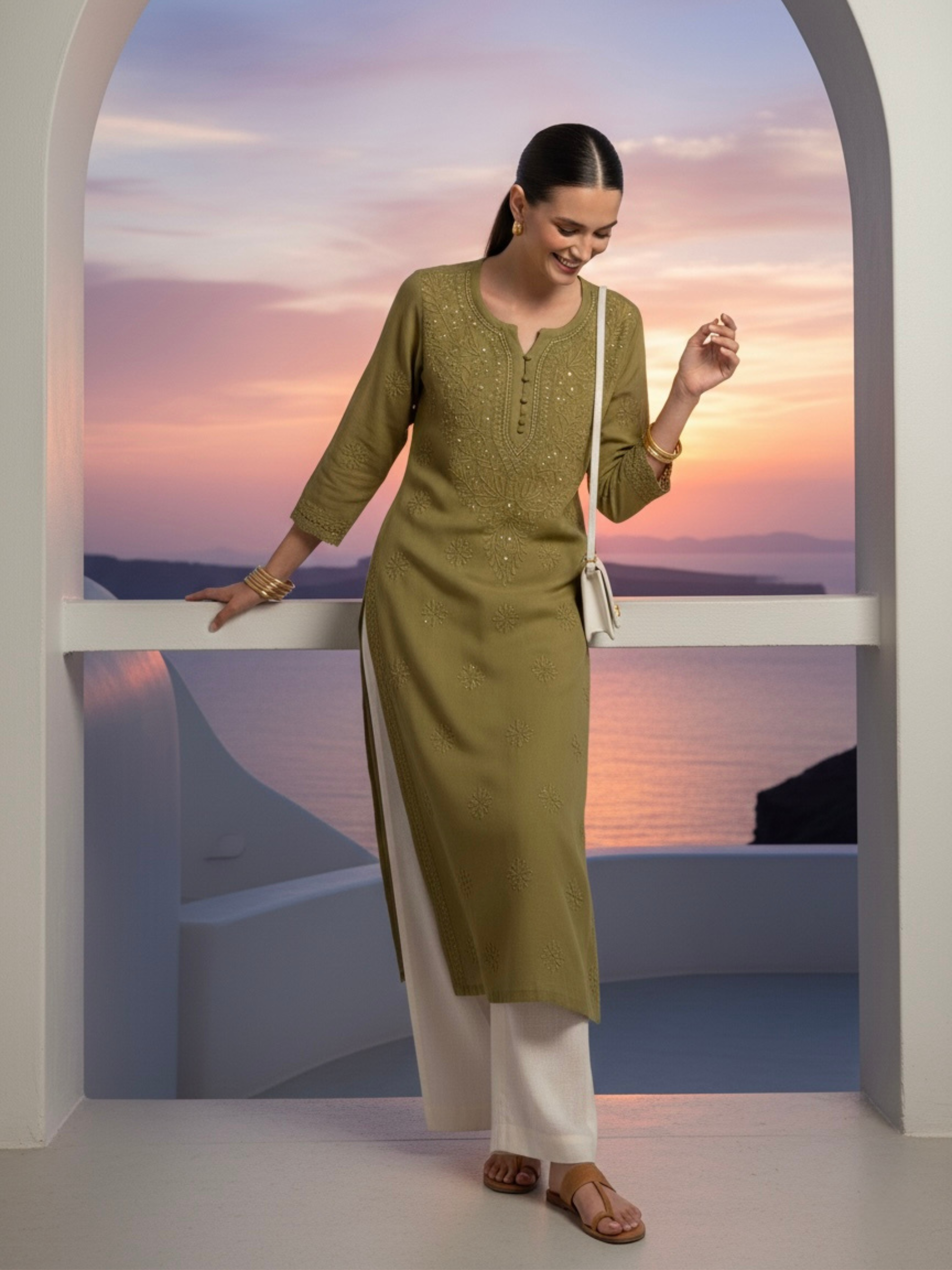 Olive Gala-Booti Chikankari & Mukaish Kurta