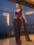Imperial Wine Sequin & Crystal Corset Drape Saree