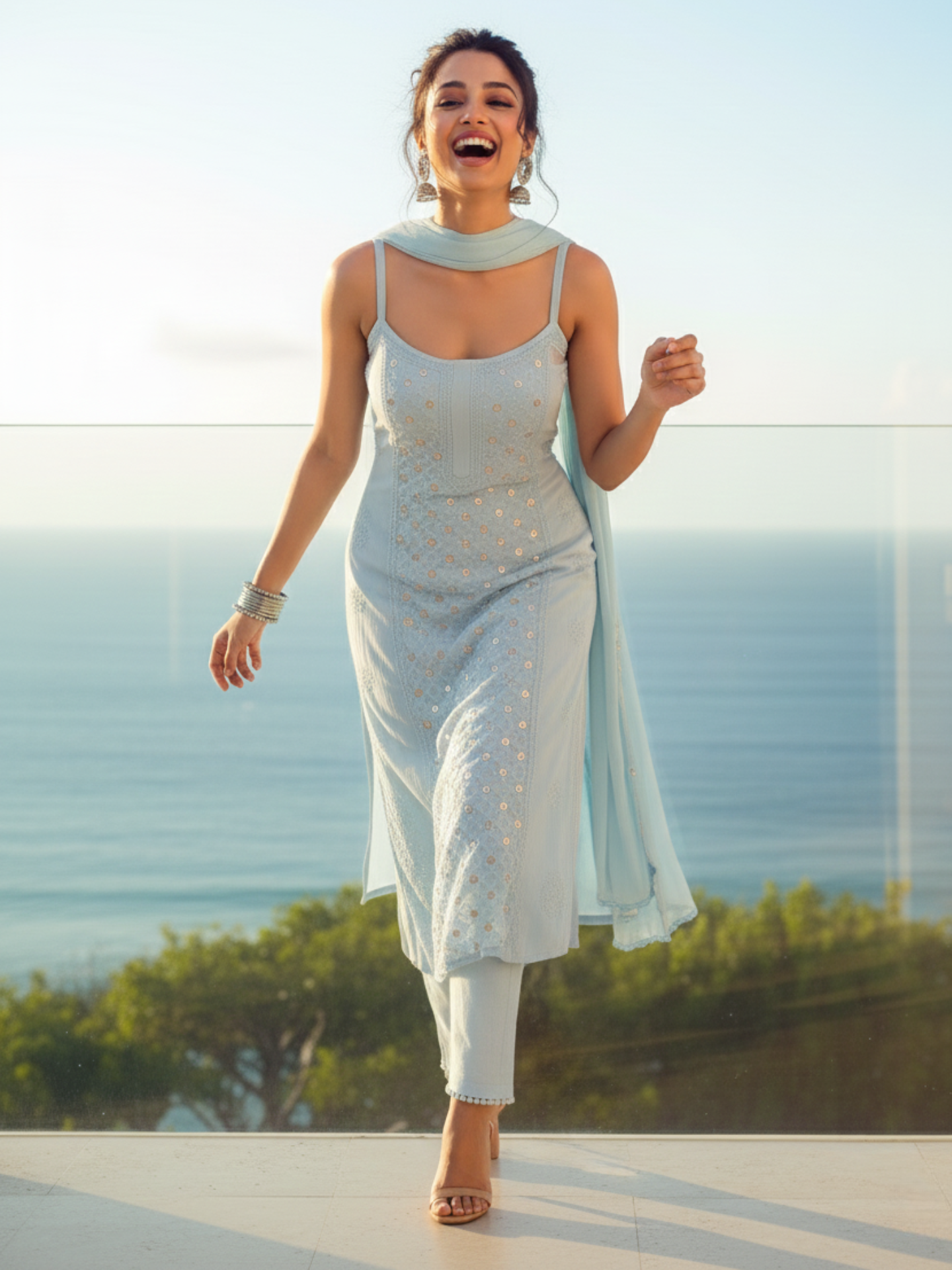 Sea Grey Ring Work Strappy Chikankari Kurta Set