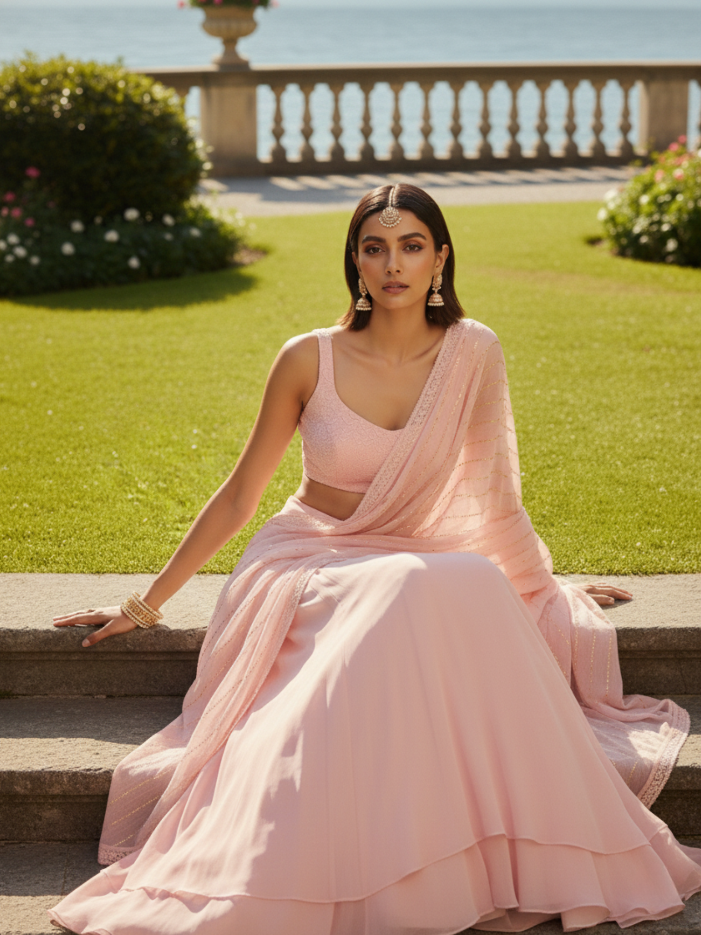 Soft Pink Lily Chikankari Lehenga Saree (Set of 3)