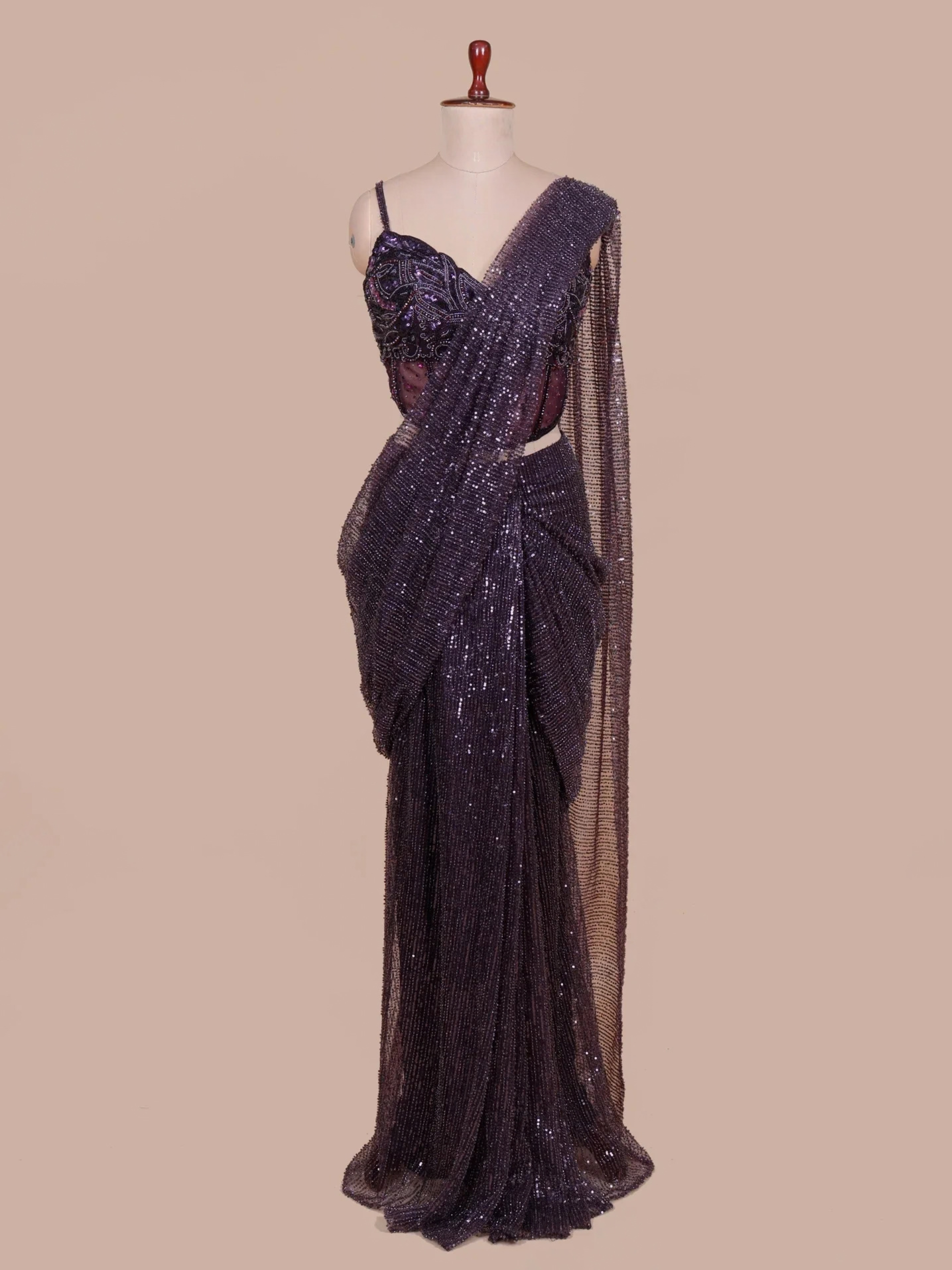 Imperial Wine Sequin & Crystal Corset Drape Saree