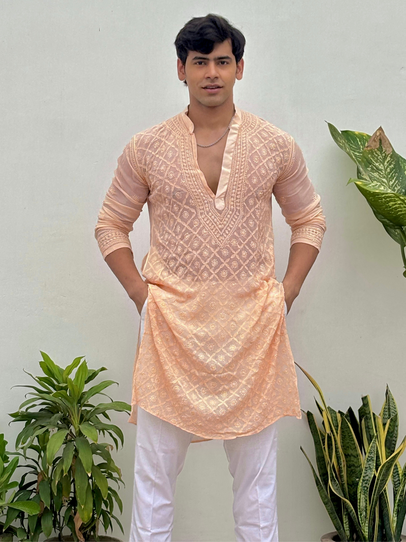 Coral Veil Mens Chikankari Hand-embroidered Kurta