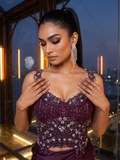 Crimson Wine Satin Silk Sculpted Corset Drape Saree