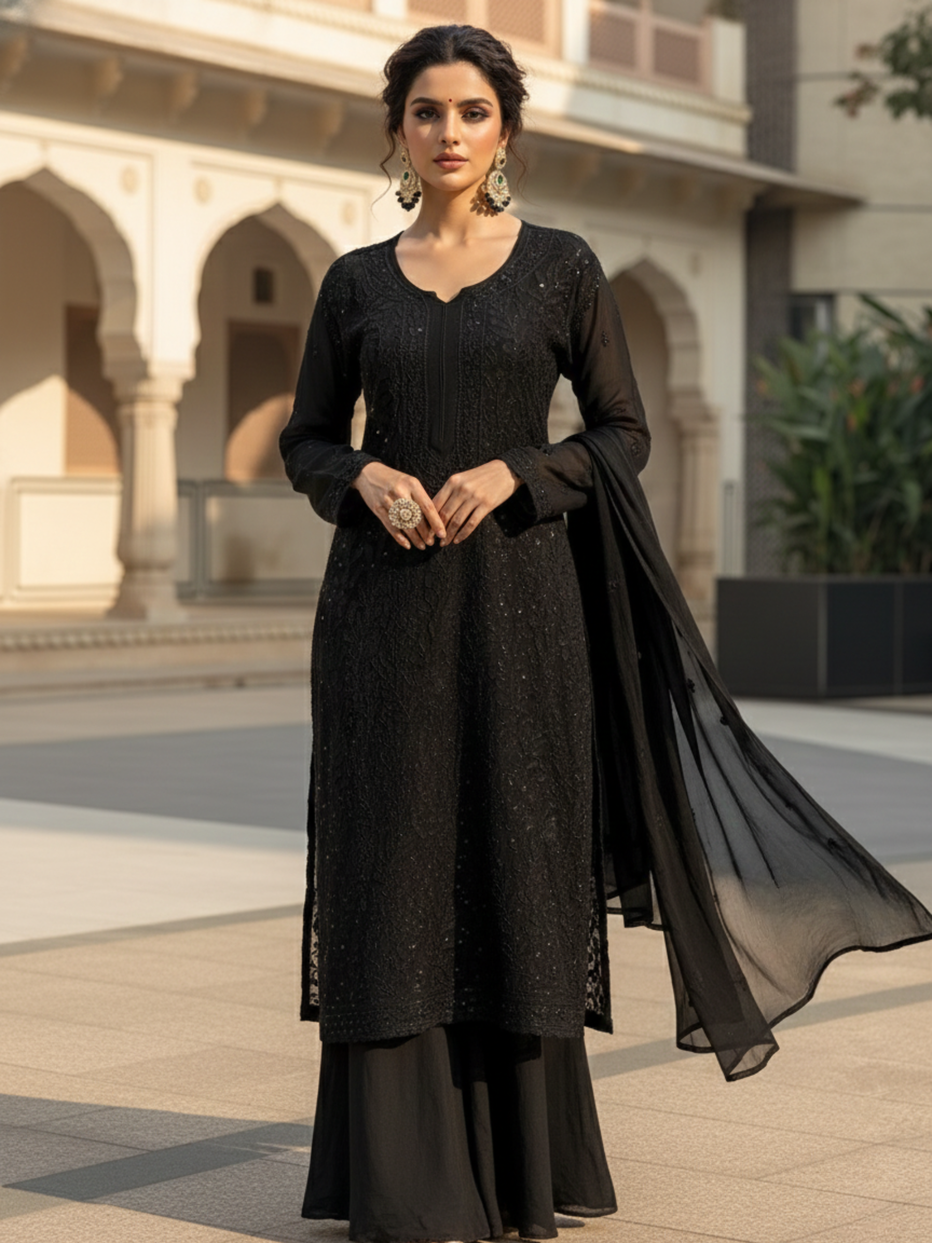 Black Rose Chikankari and Mukaish Set (Set of 3)