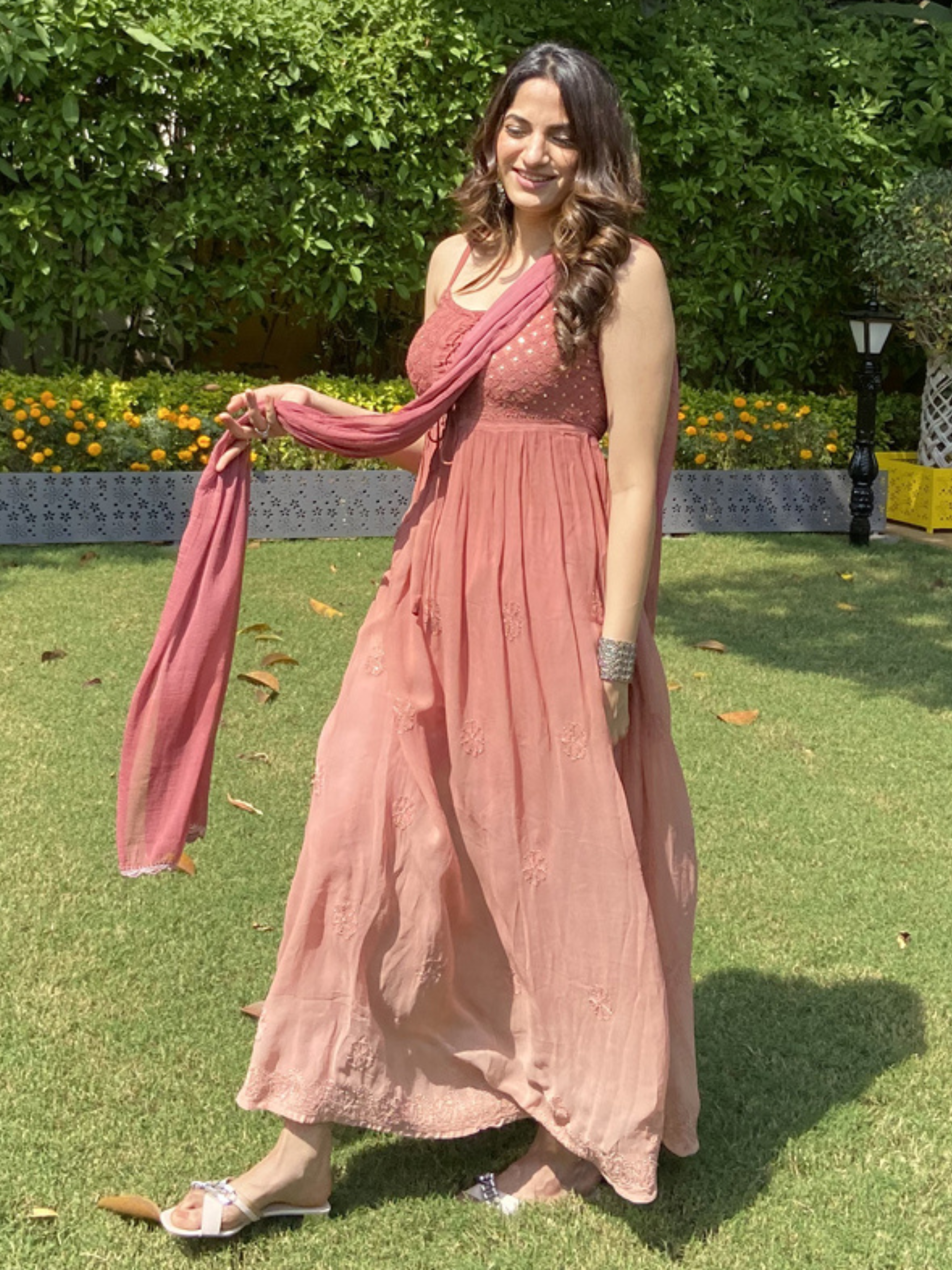 Sand Ombré Anarkali Chikankari Kurta Set (Set of 3)