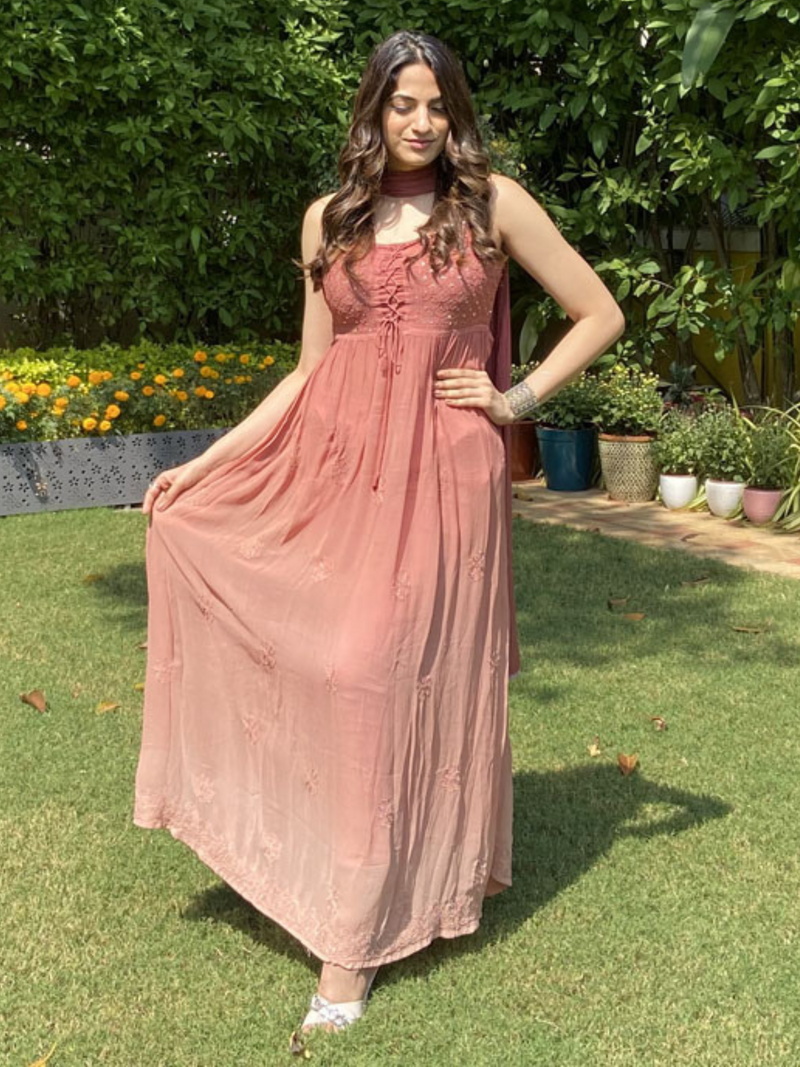 Sand Ombré Anarkali Chikankari Kurta Set (Set of 3)