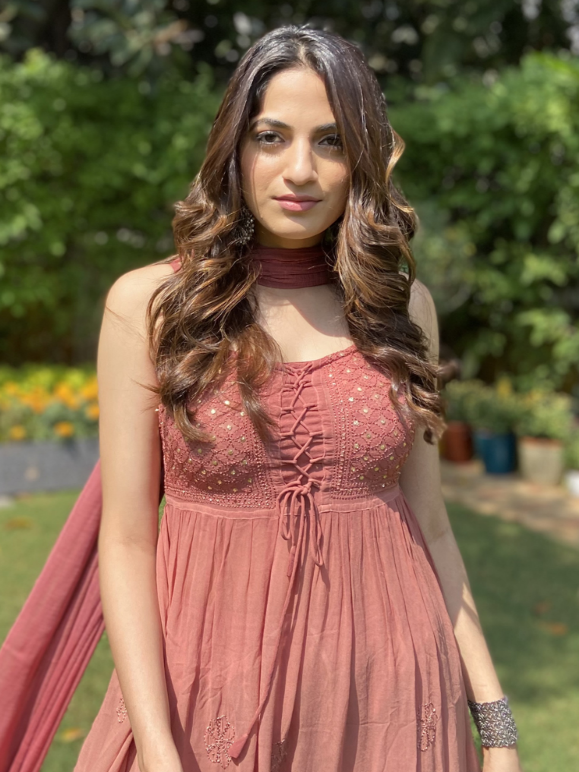 Sand Ombré Anarkali Chikankari Kurta Set (Set of 3)