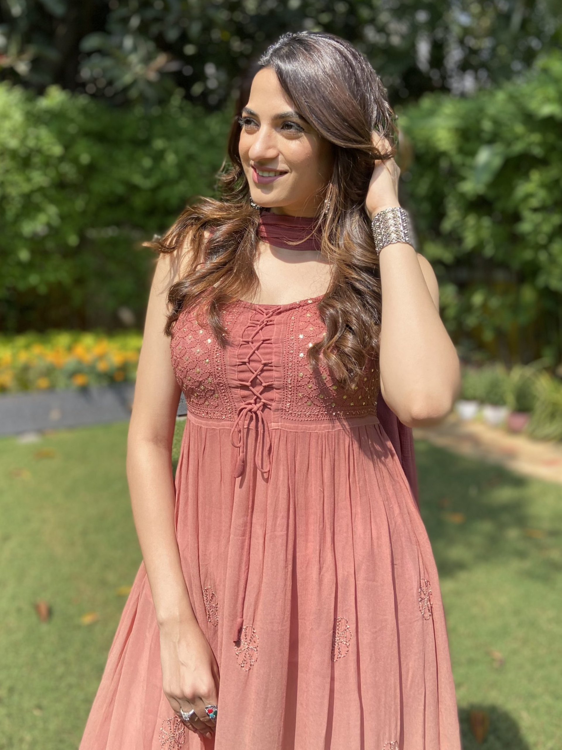Sand Ombré Anarkali Chikankari Kurta Set (Set of 3)