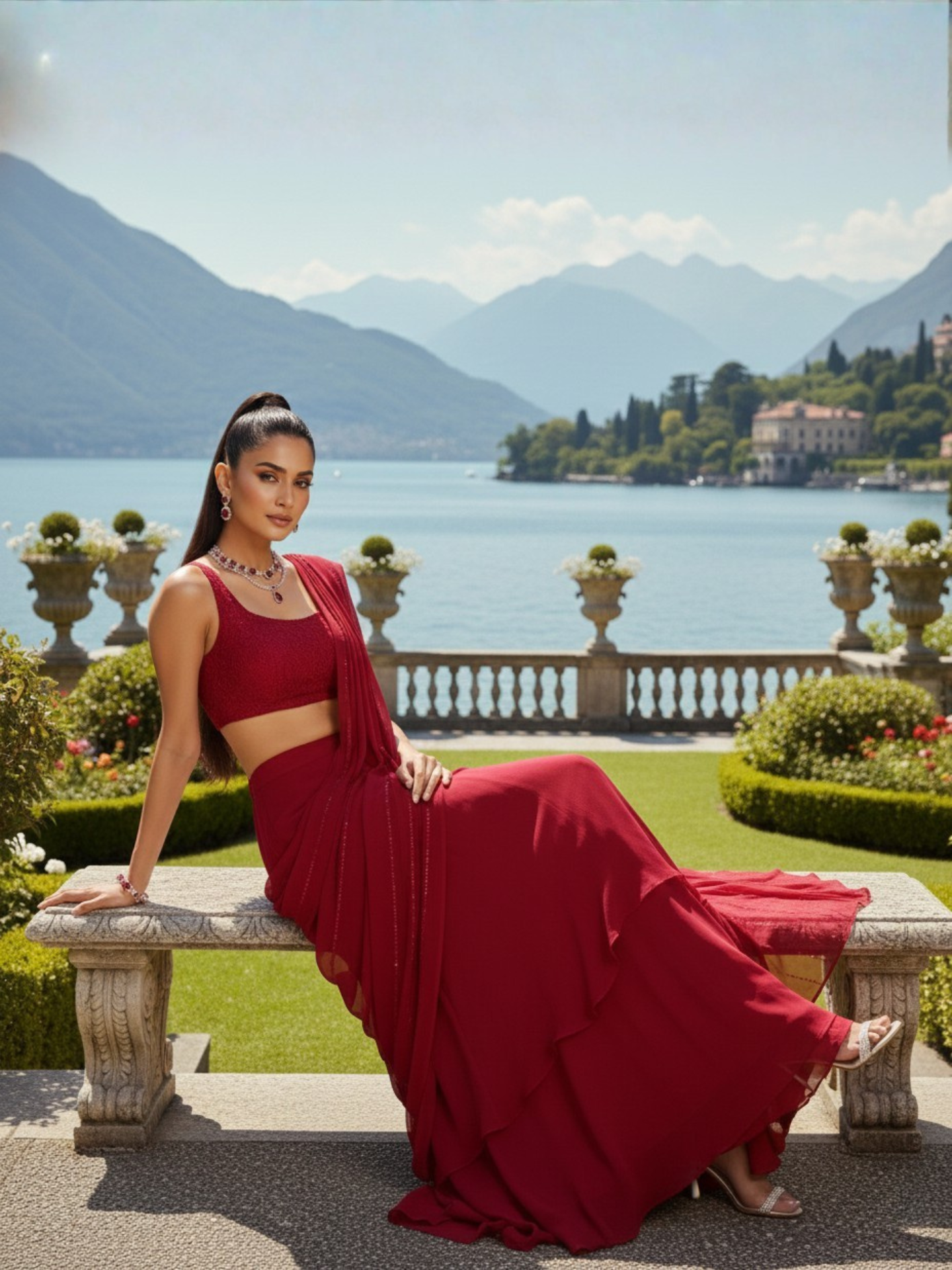 Rouge Velvet Chikankari Lehenga Saree (Set of 3)