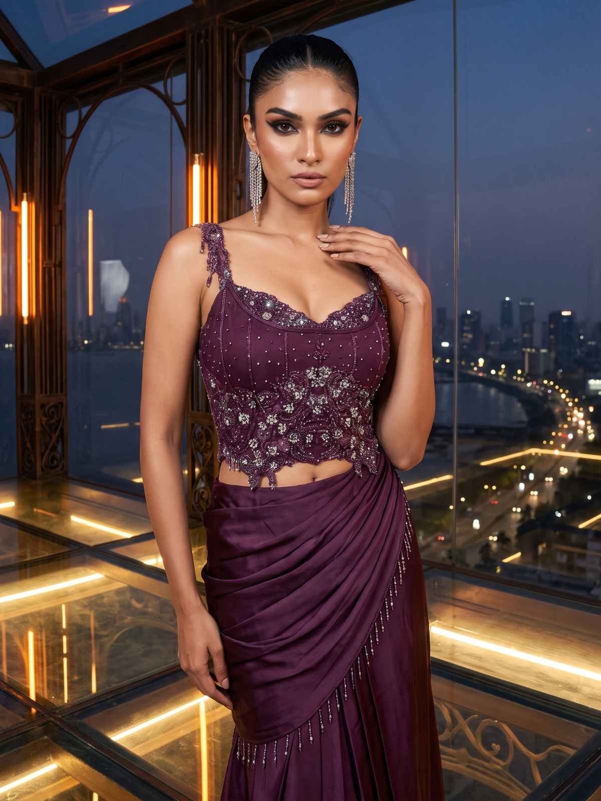 Crimson Wine Satin Silk Sculpted Corset Drape Saree