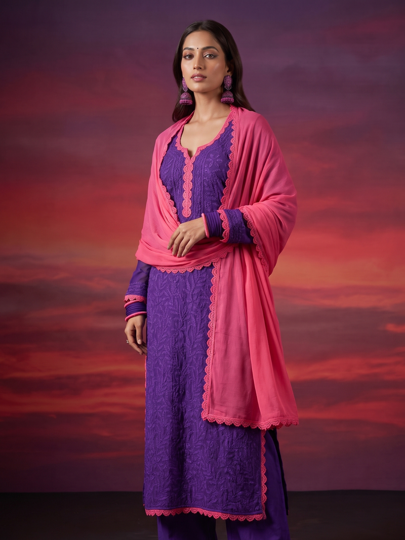 Annecy Chikankari & Lace Kurta Set (Set of 3)