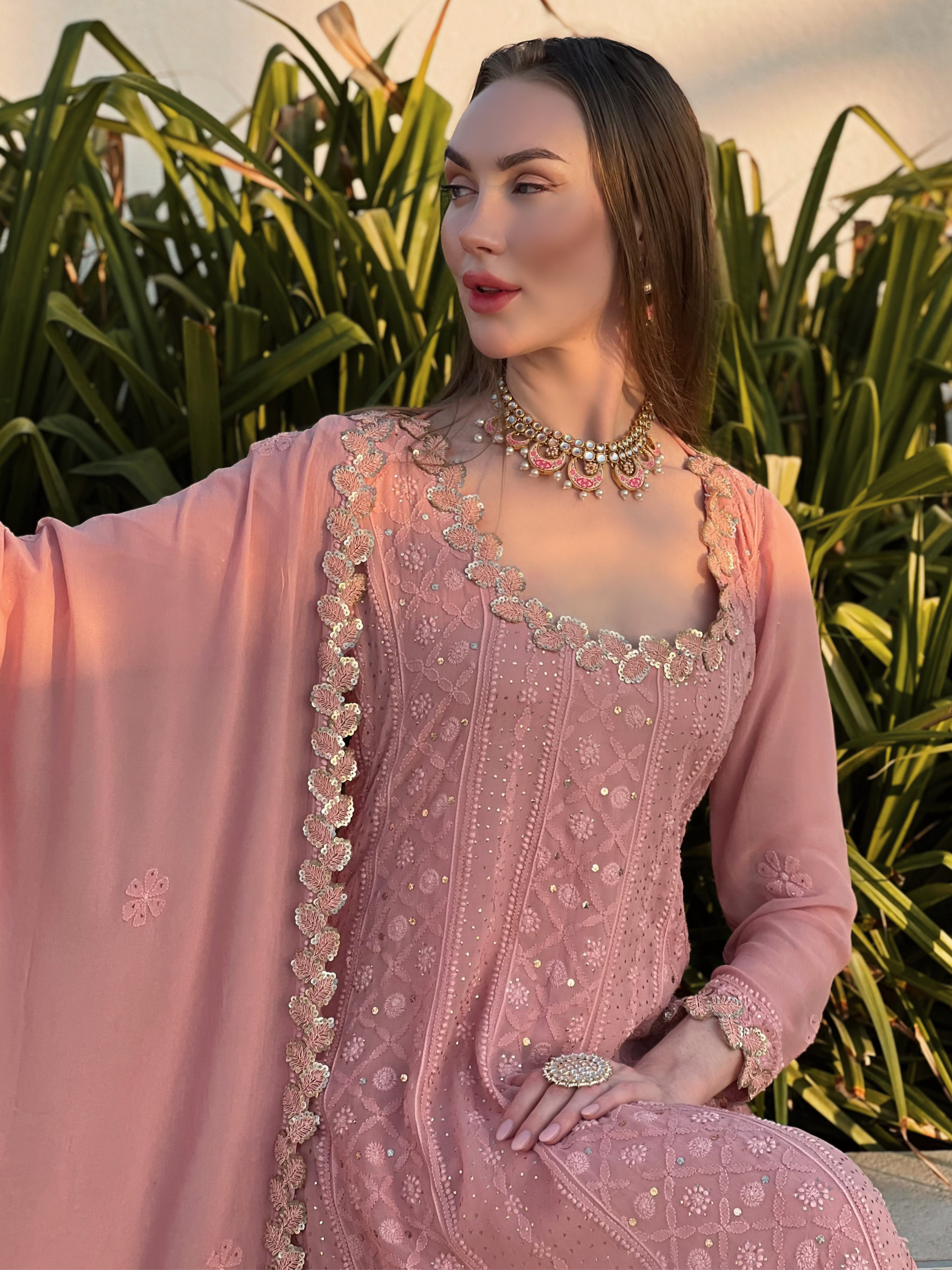 Turkish Rose Gold Chikankari Anarkali Set (Set of 3)