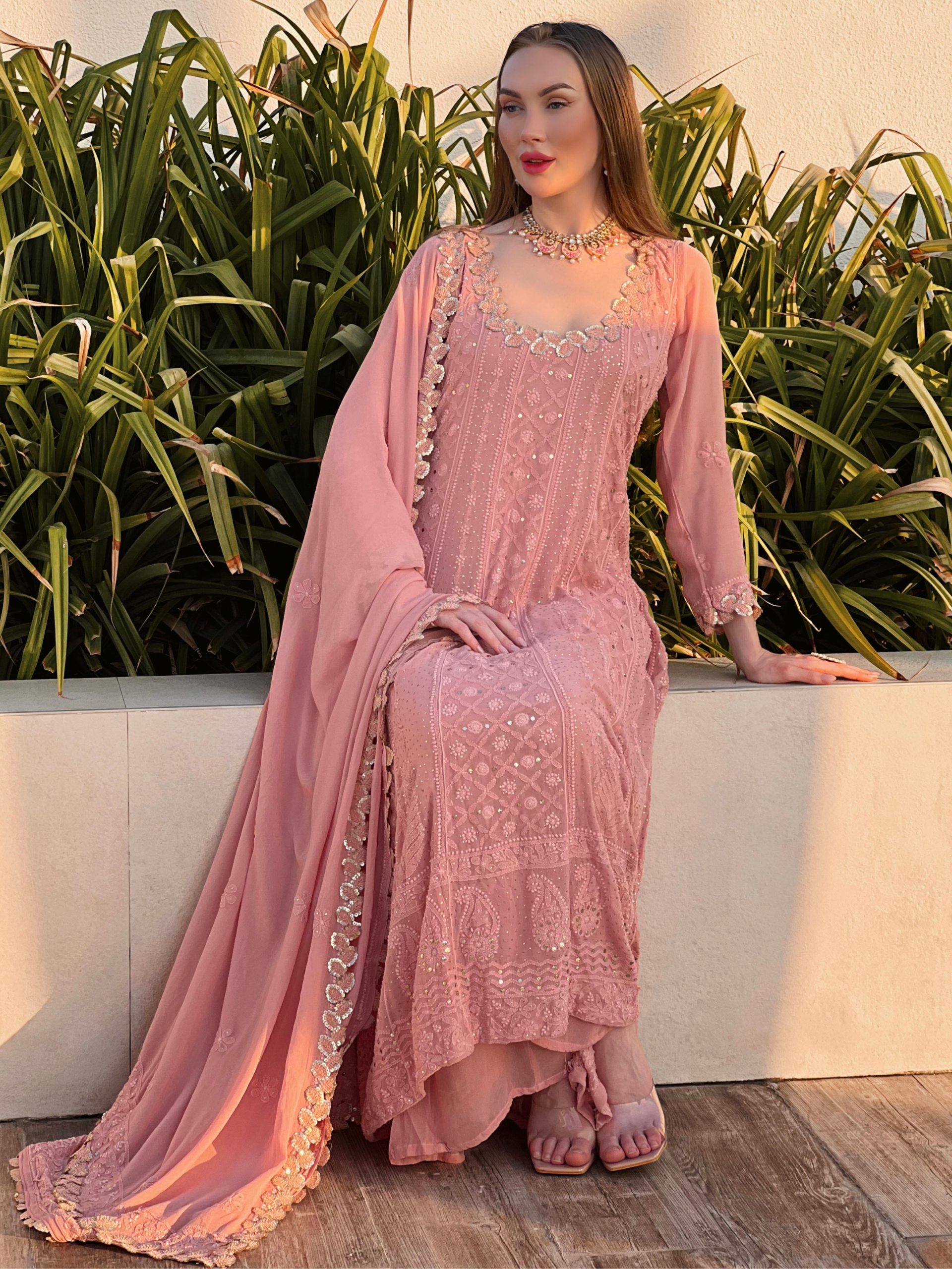 Turkish Rose Gold Chikankari Anarkali Set (Set of 3)