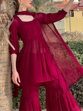 Madder Lake Chikankari Kurta Gharara Set (Set of 3)