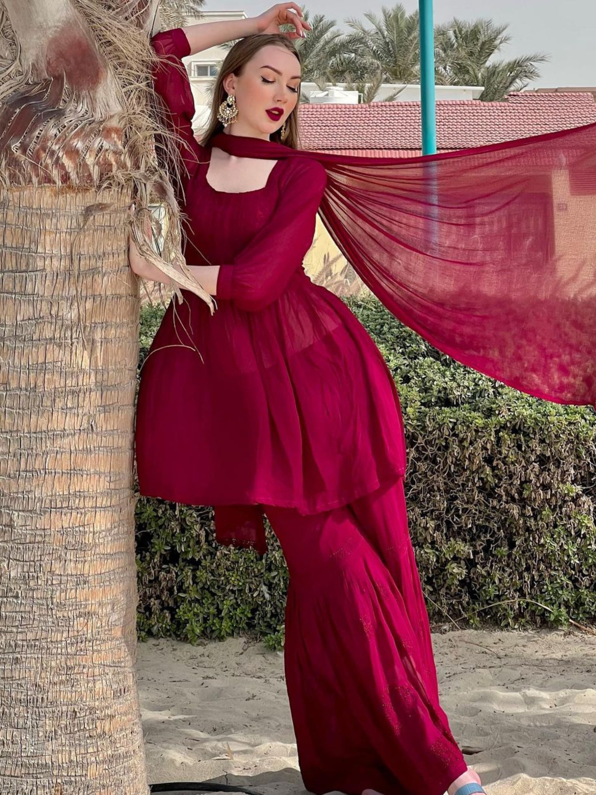 Madder Lake Chikankari Kurta Gharara Set (Set of 3)