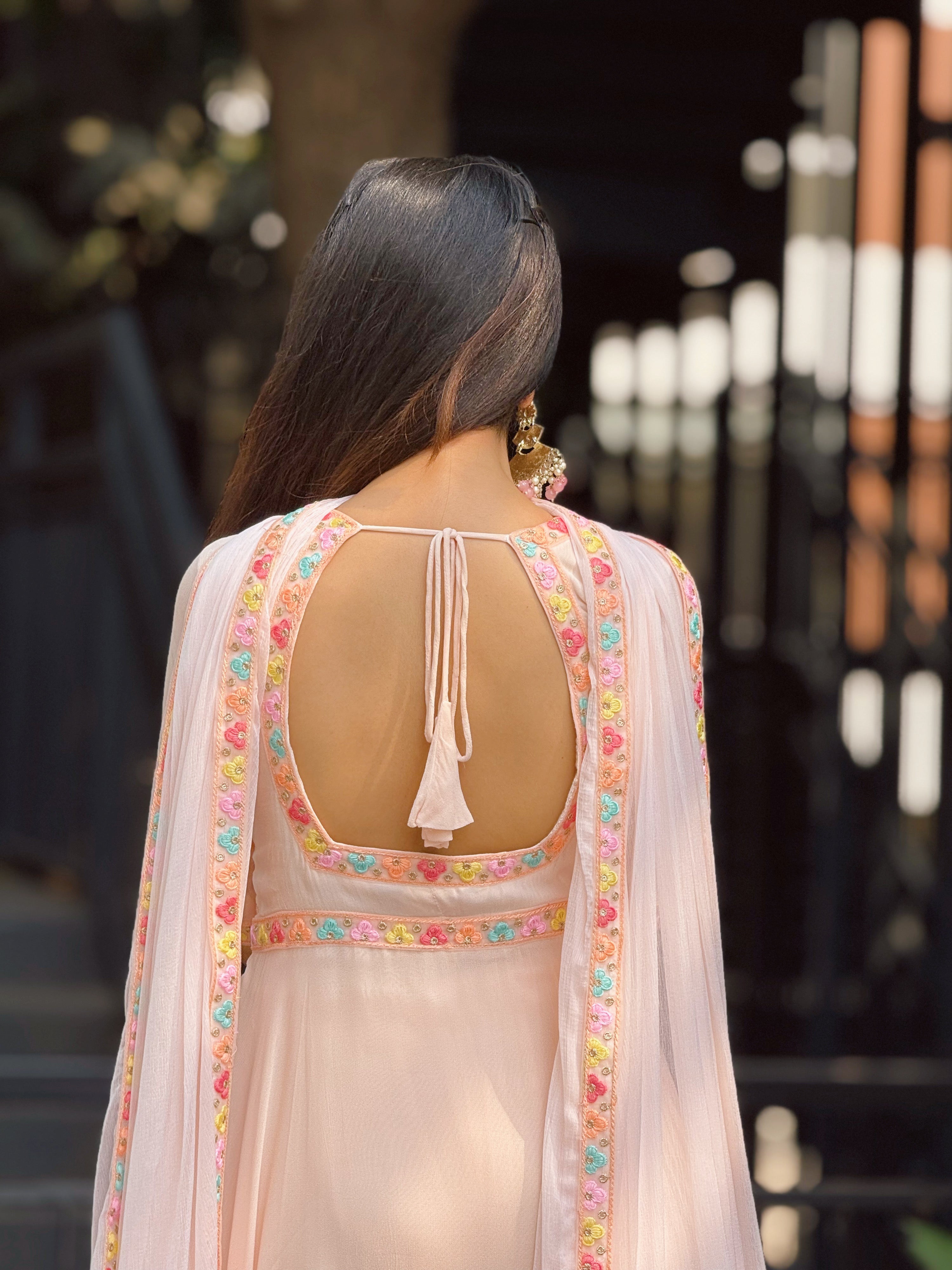 Muted Peach Chikankari Parsi Gara Anarkali Kurta Set (set of 3)