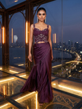Crimson Wine Satin Silk Sculpted Corset Drape Saree