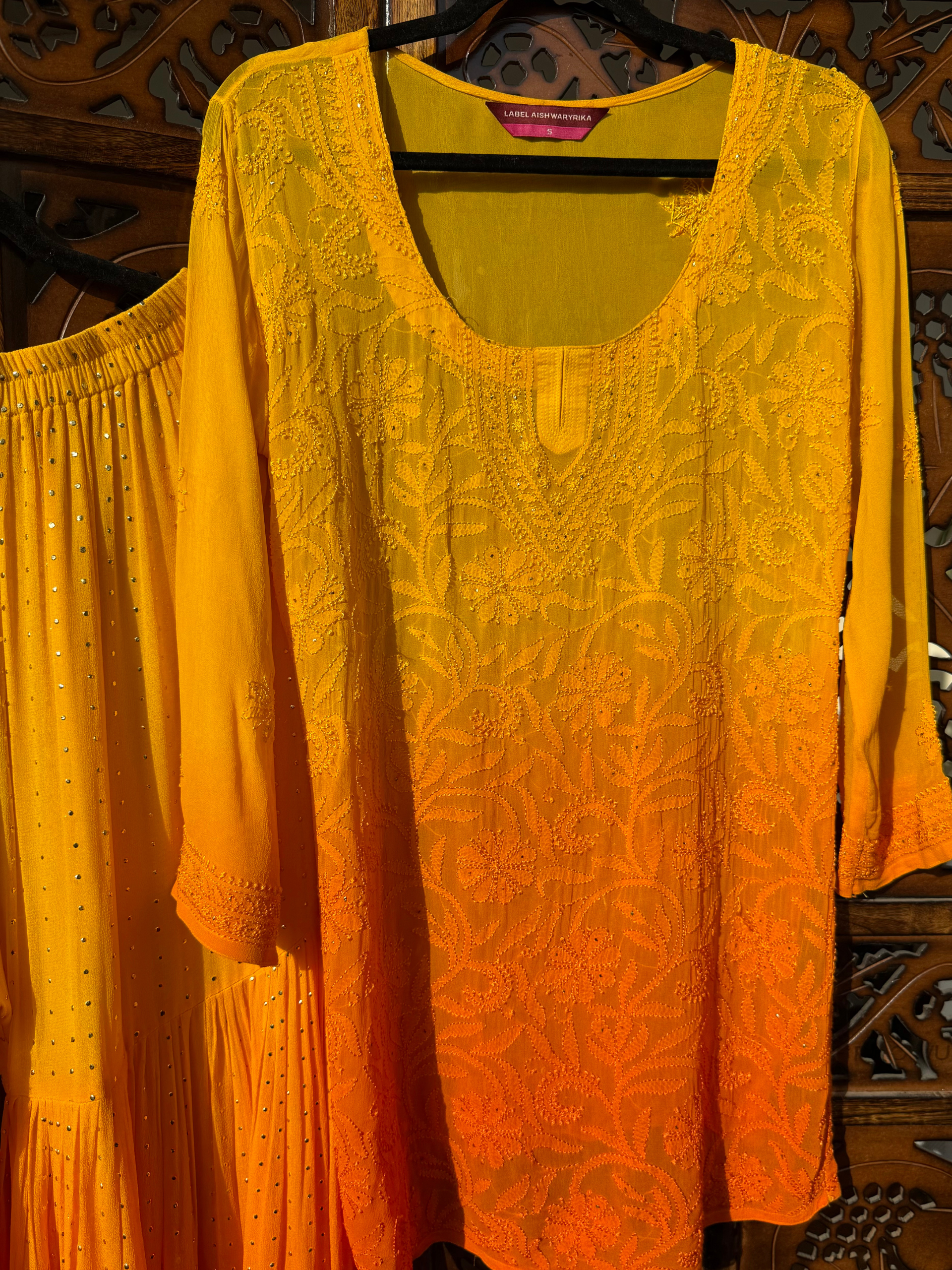 Tuscan Gold Mukaish Gharara Short Kurta Set (Set of 3)