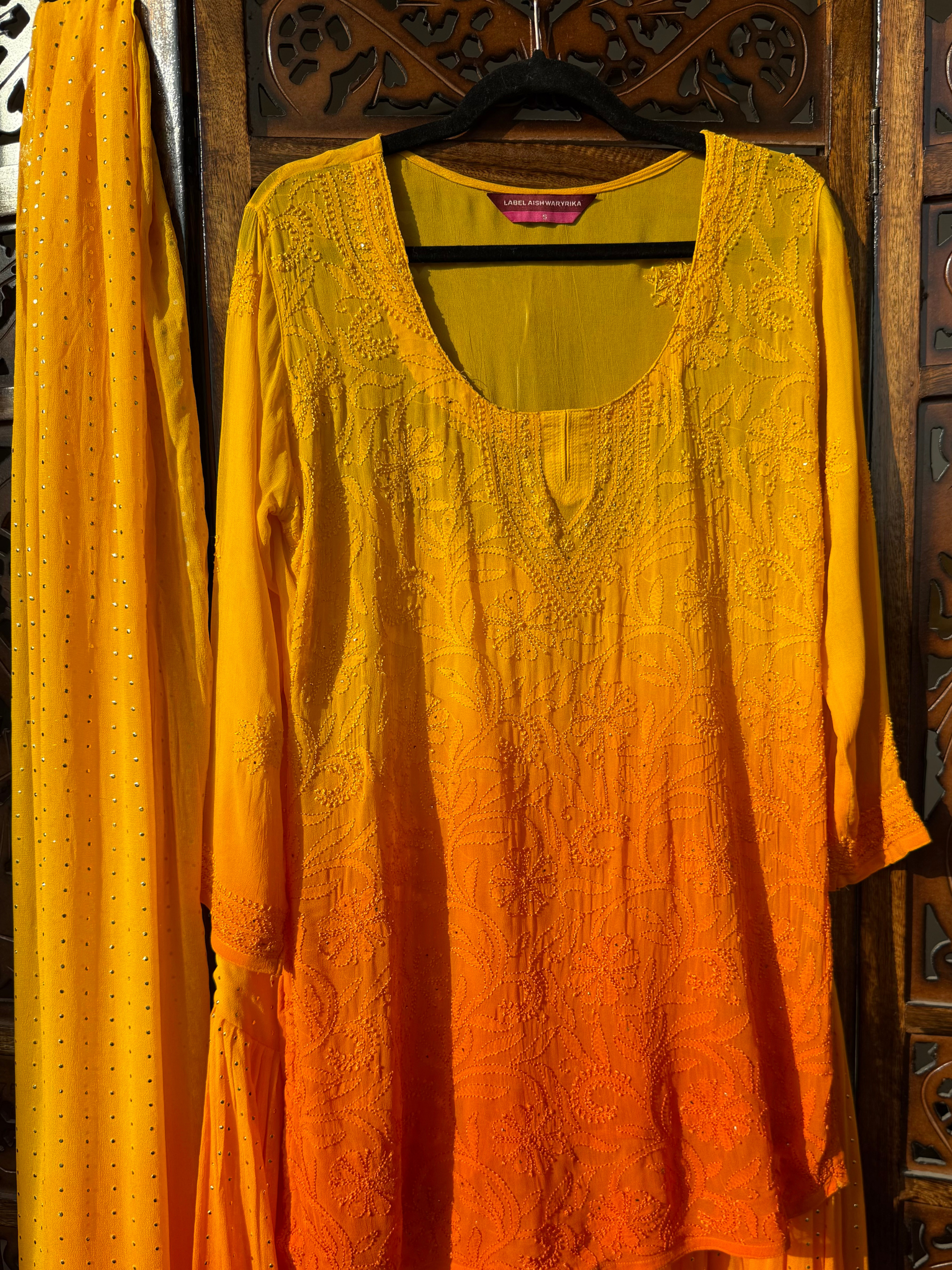 Tuscan Gold Mukaish Gharara Short Kurta Set (Set of 3)