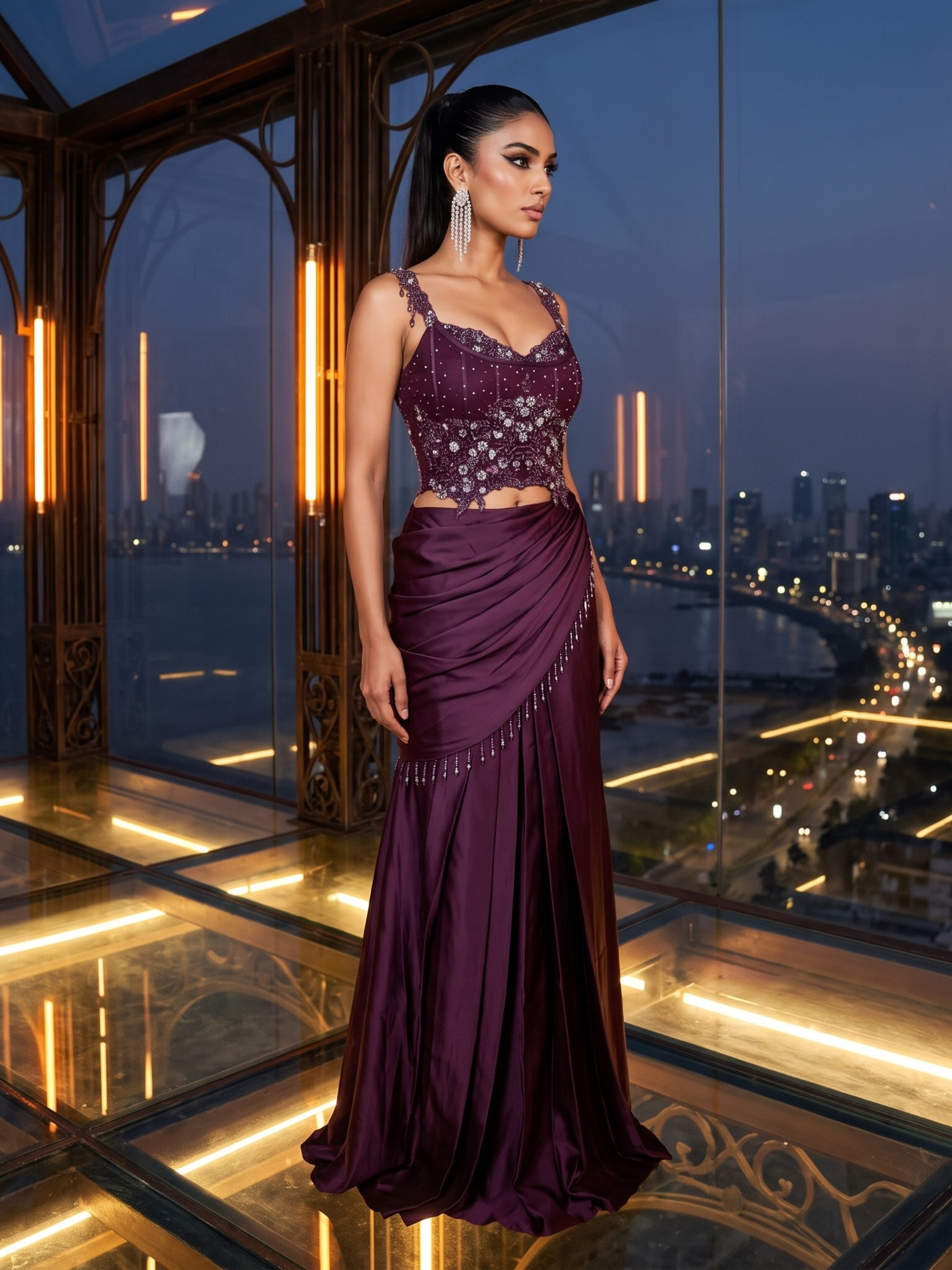 Crimson Wine Satin Silk Sculpted Corset Drape Saree