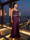 Crimson Wine Satin Silk Sculpted Corset Drape Saree