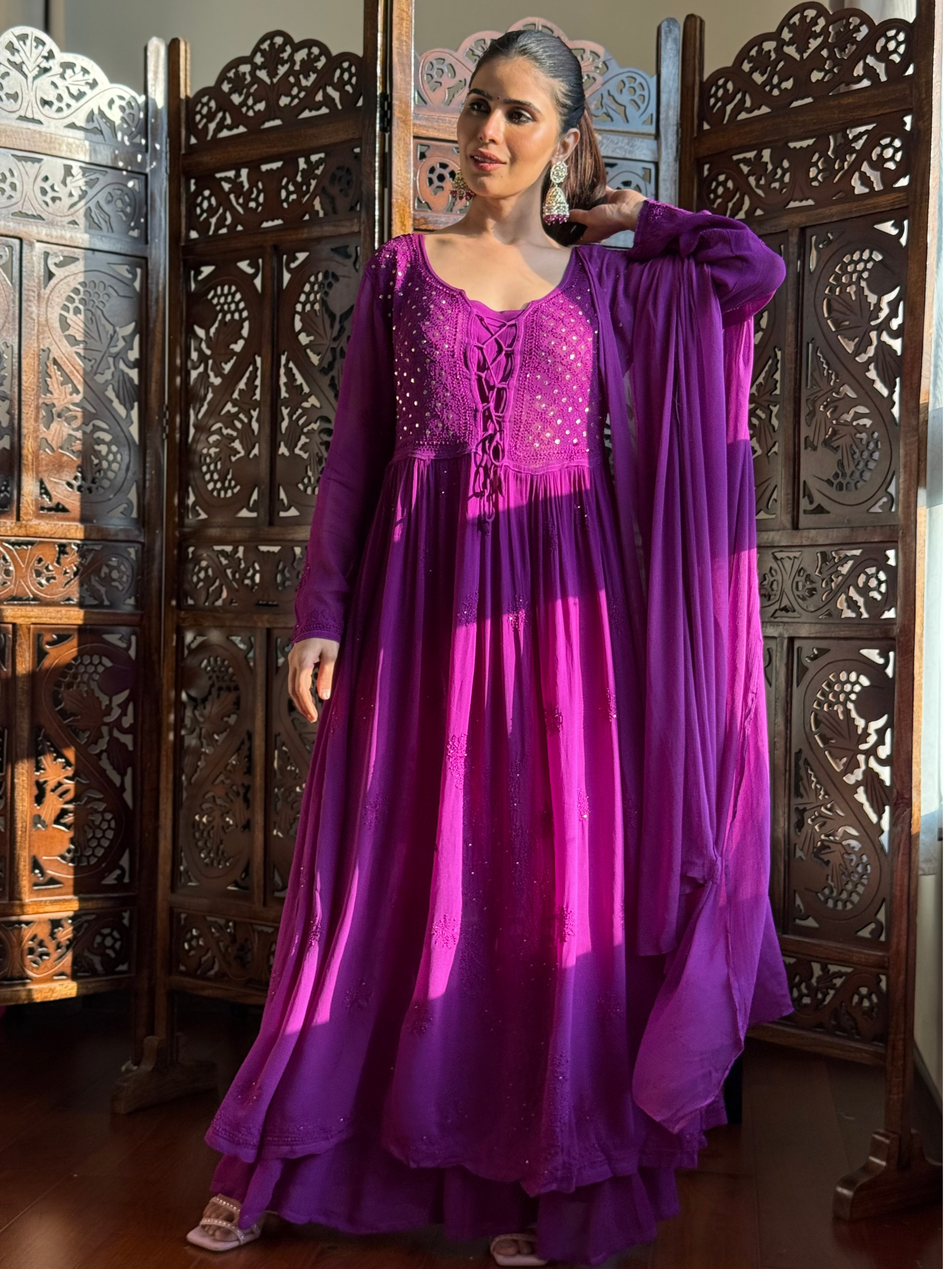Purple Rose Chikankari Anarkali Kurta Set (Set of 3)