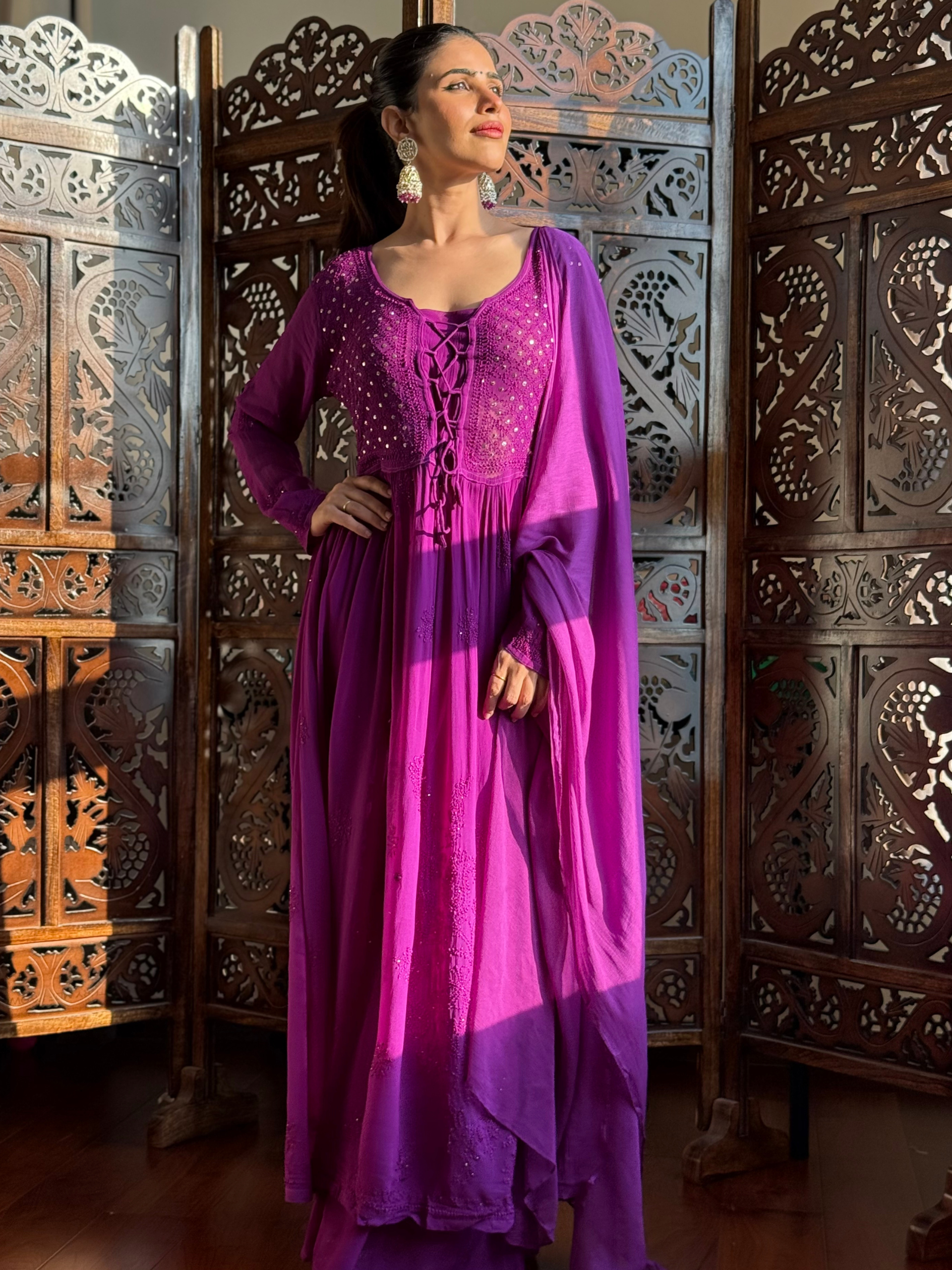 Purple Rose Chikankari Anarkali Kurta Set (Set of 3)