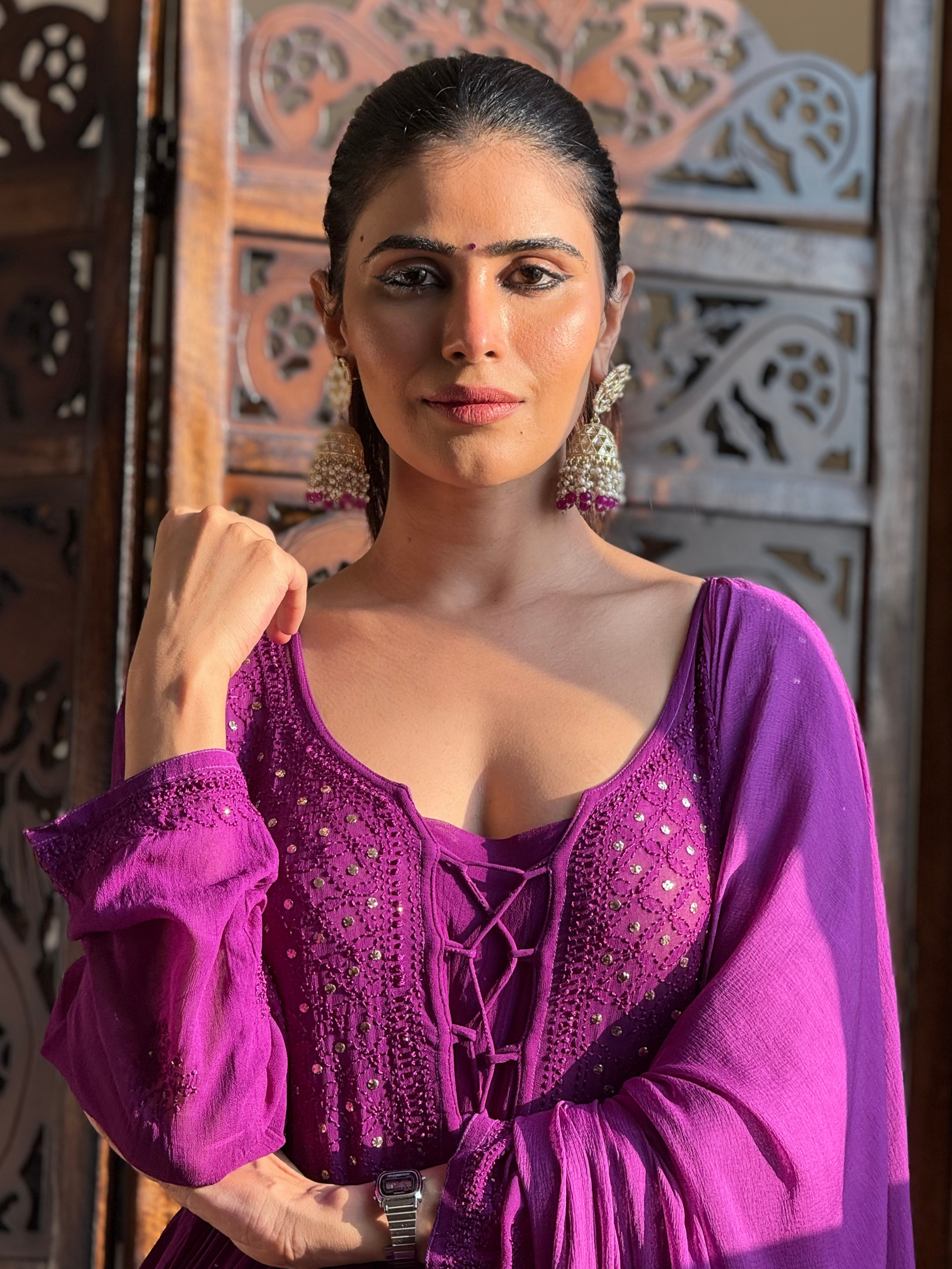 Purple Rose Chikankari Anarkali Kurta Set (Set of 3)