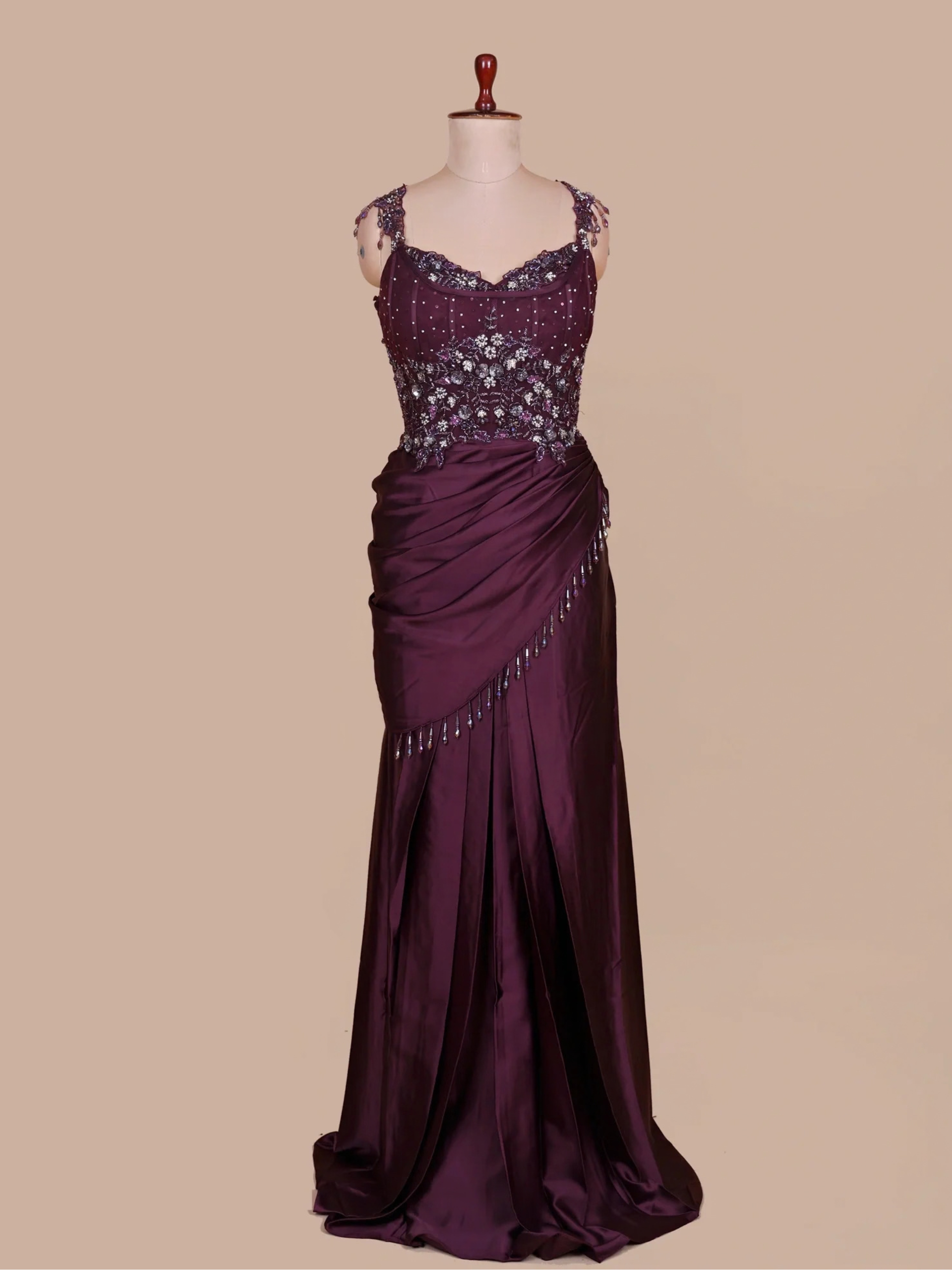 Crimson Wine Satin Silk Sculpted Corset Drape Saree