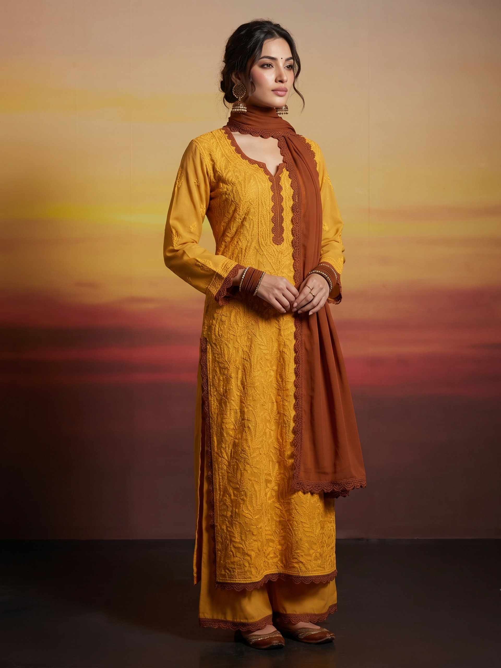 Chantilly Chikankari & Lace Kurta Set (Set of 3)