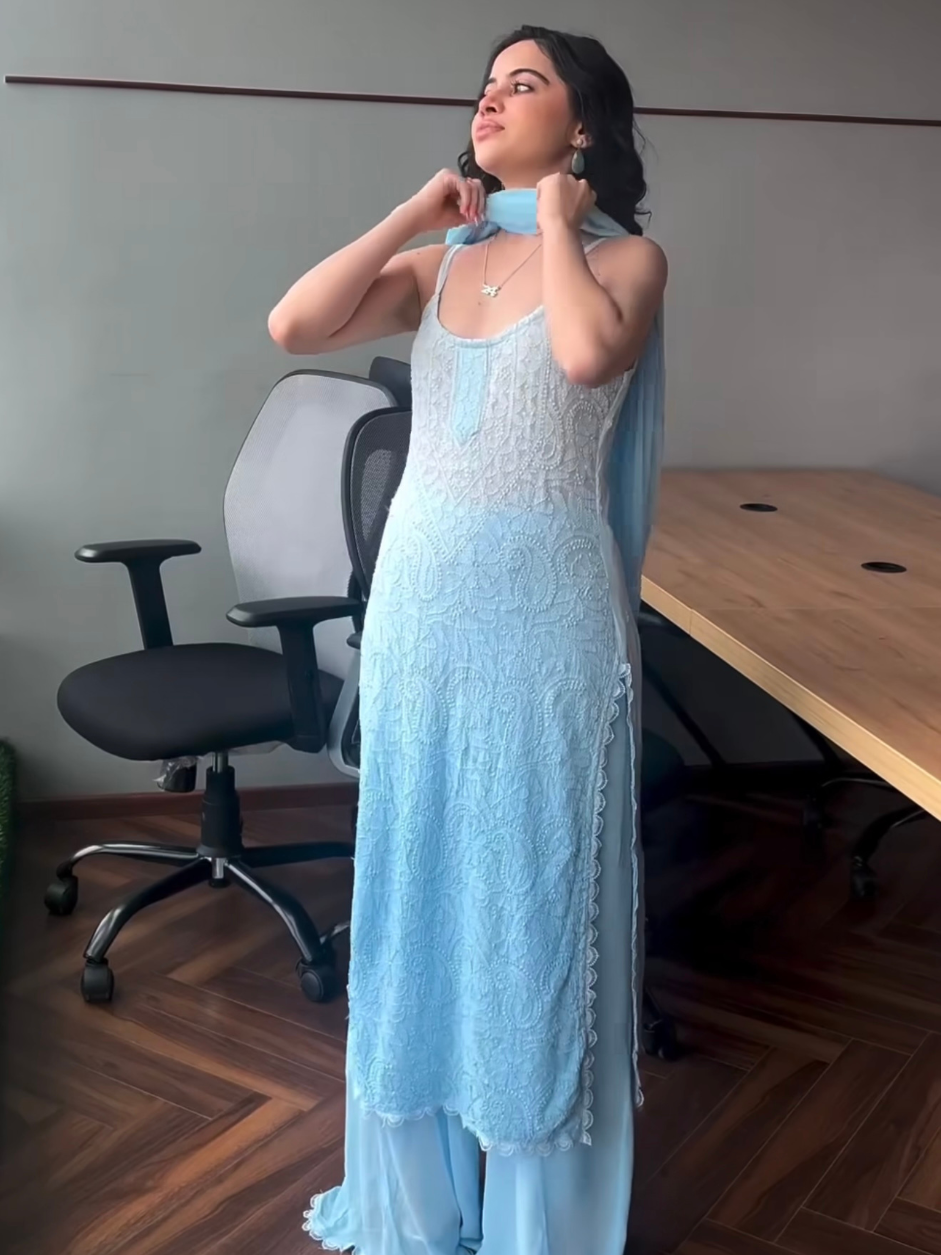Dreamy Frost Chikankari Ombré Lace Strappy Kurta Set (set of 3)