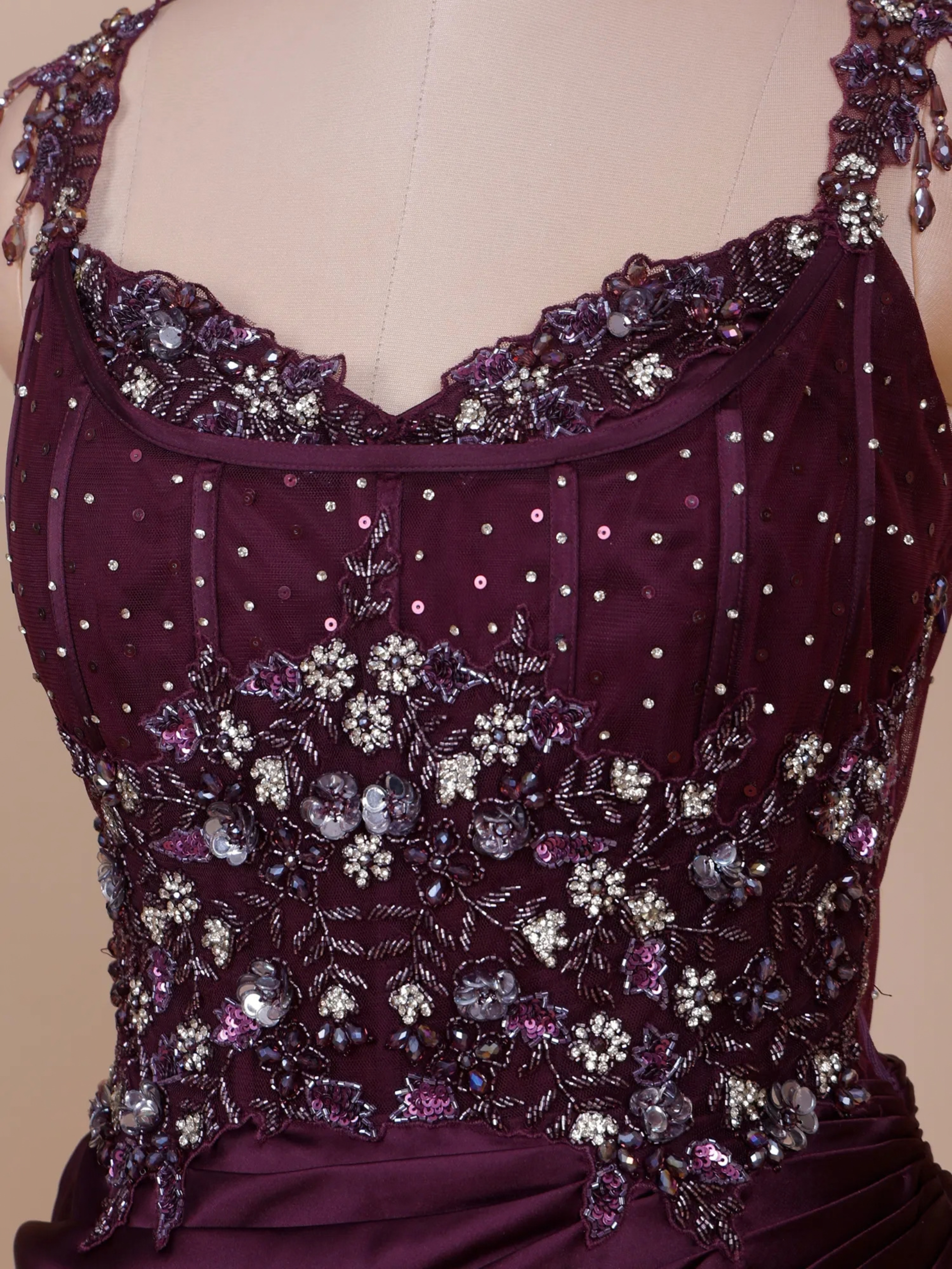 Crimson Wine Satin Silk Sculpted Corset Drape Saree