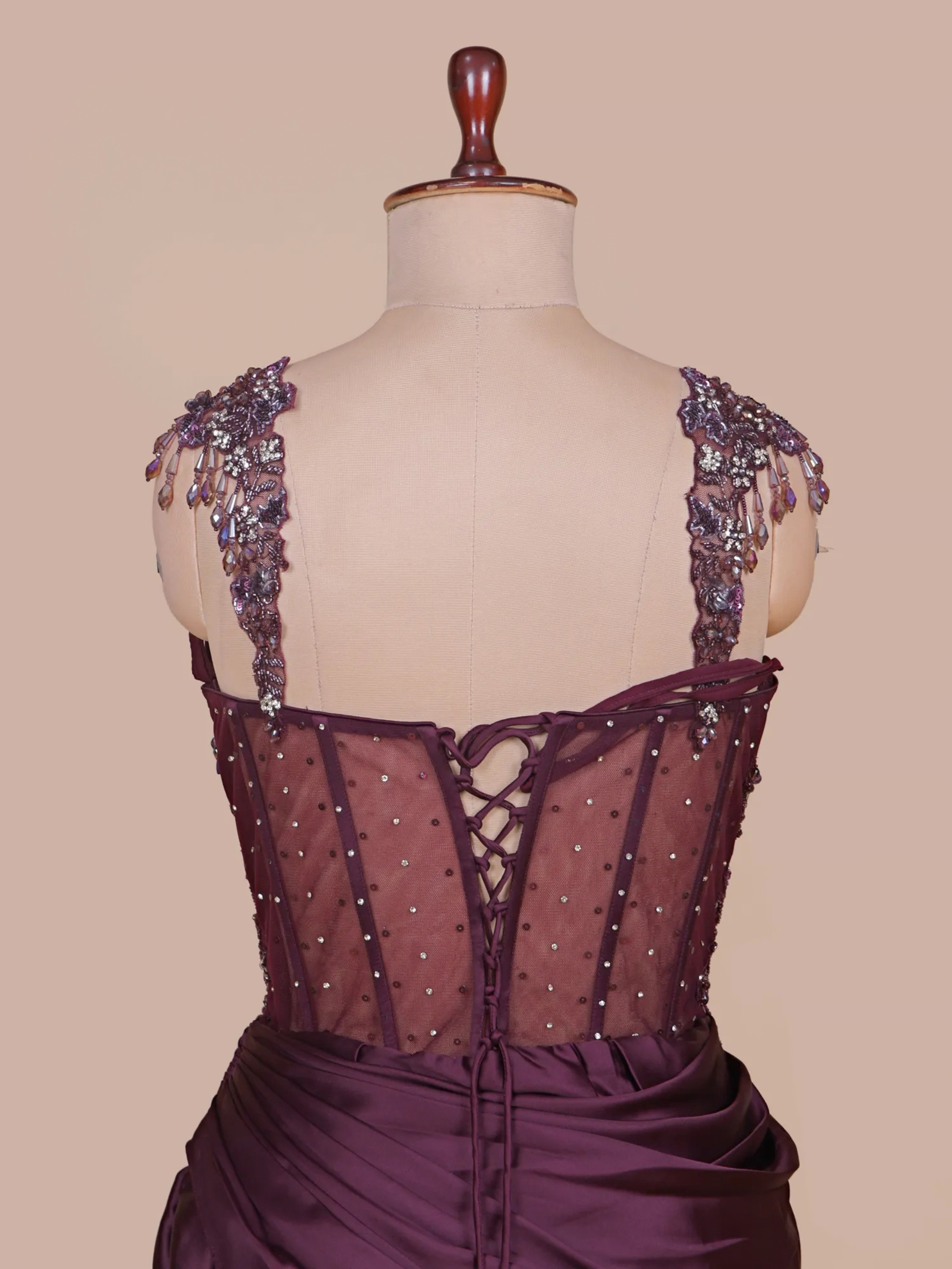 Crimson Wine Satin Silk Sculpted Corset Drape Saree