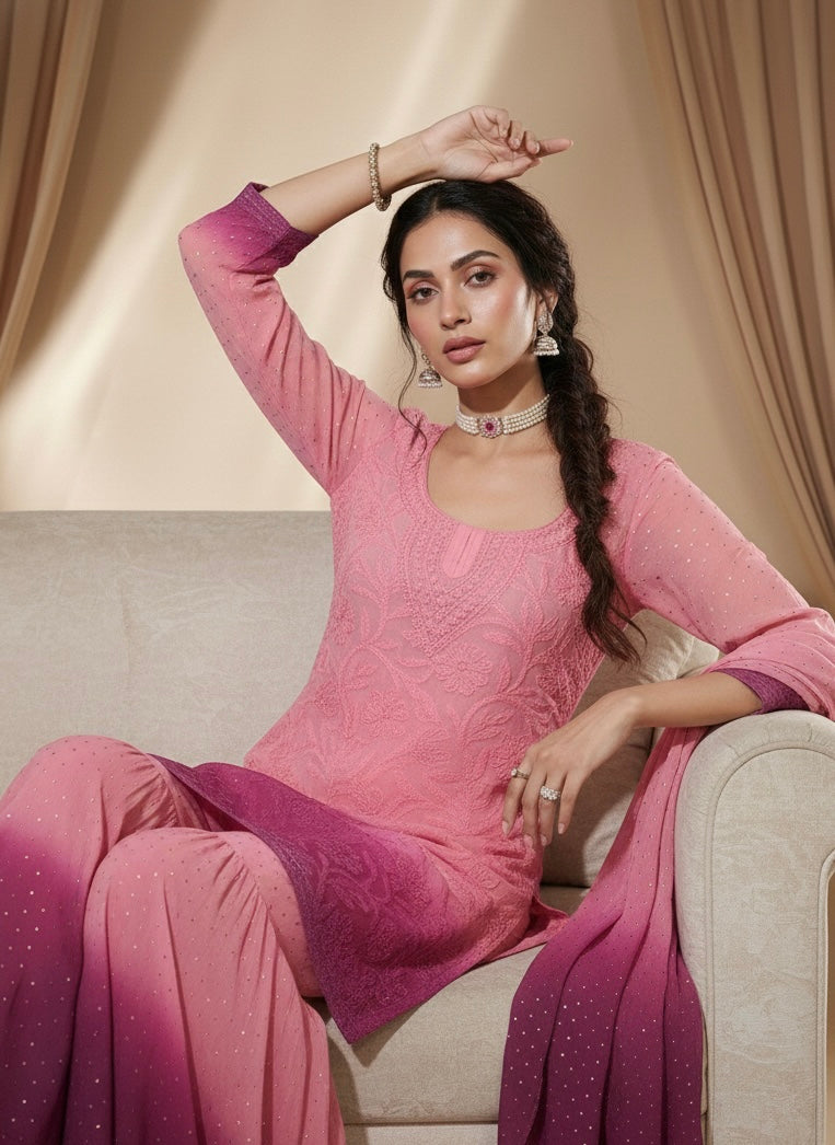 Florian Pink Mukaish Gharara Short Kurta Set (Set of 3)