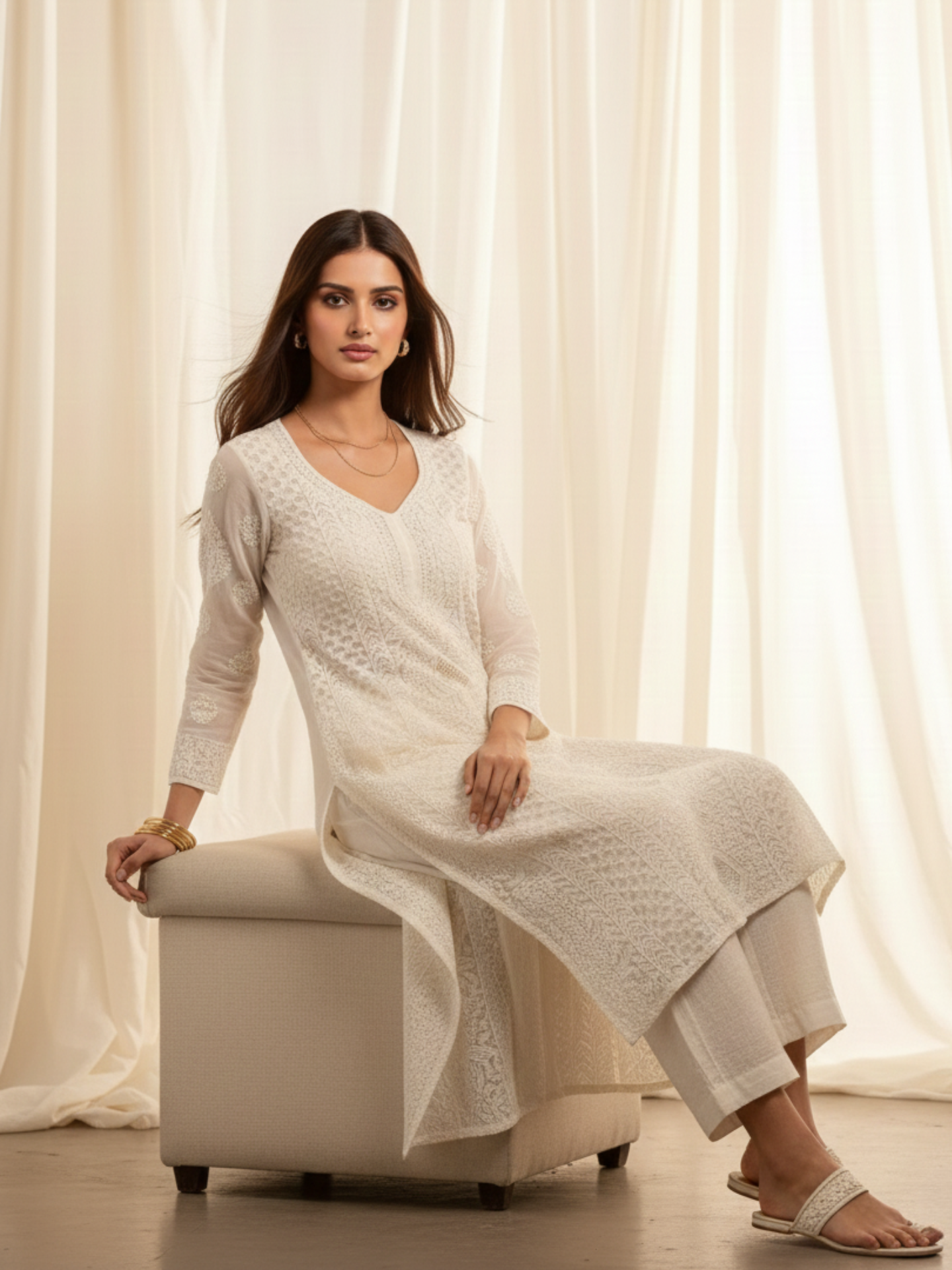 Pecan Gold Full Sleeves Chikankari Kurta