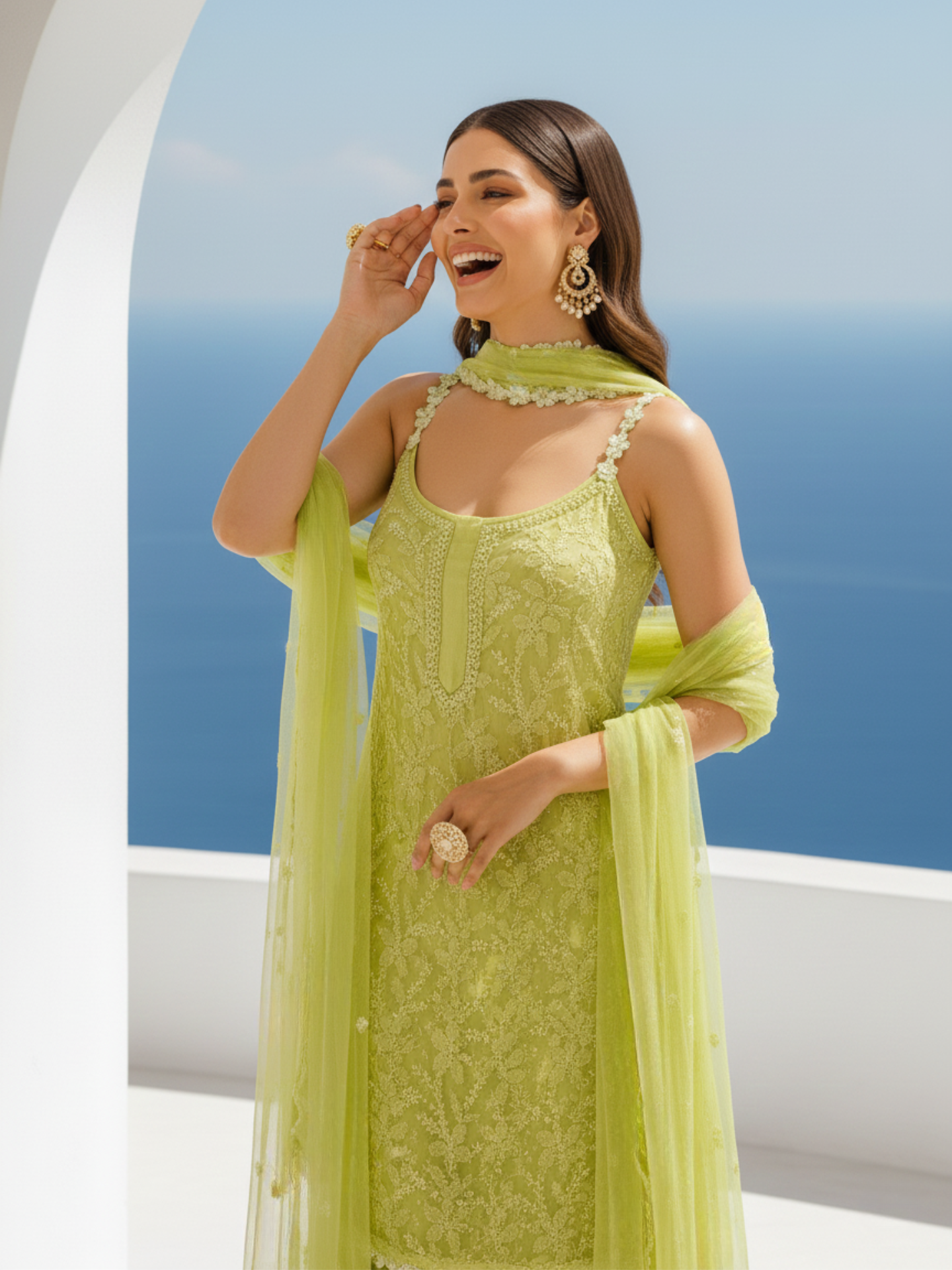 Livia Lime Chikankari Gharara Short Kurta Set (Set of 3)