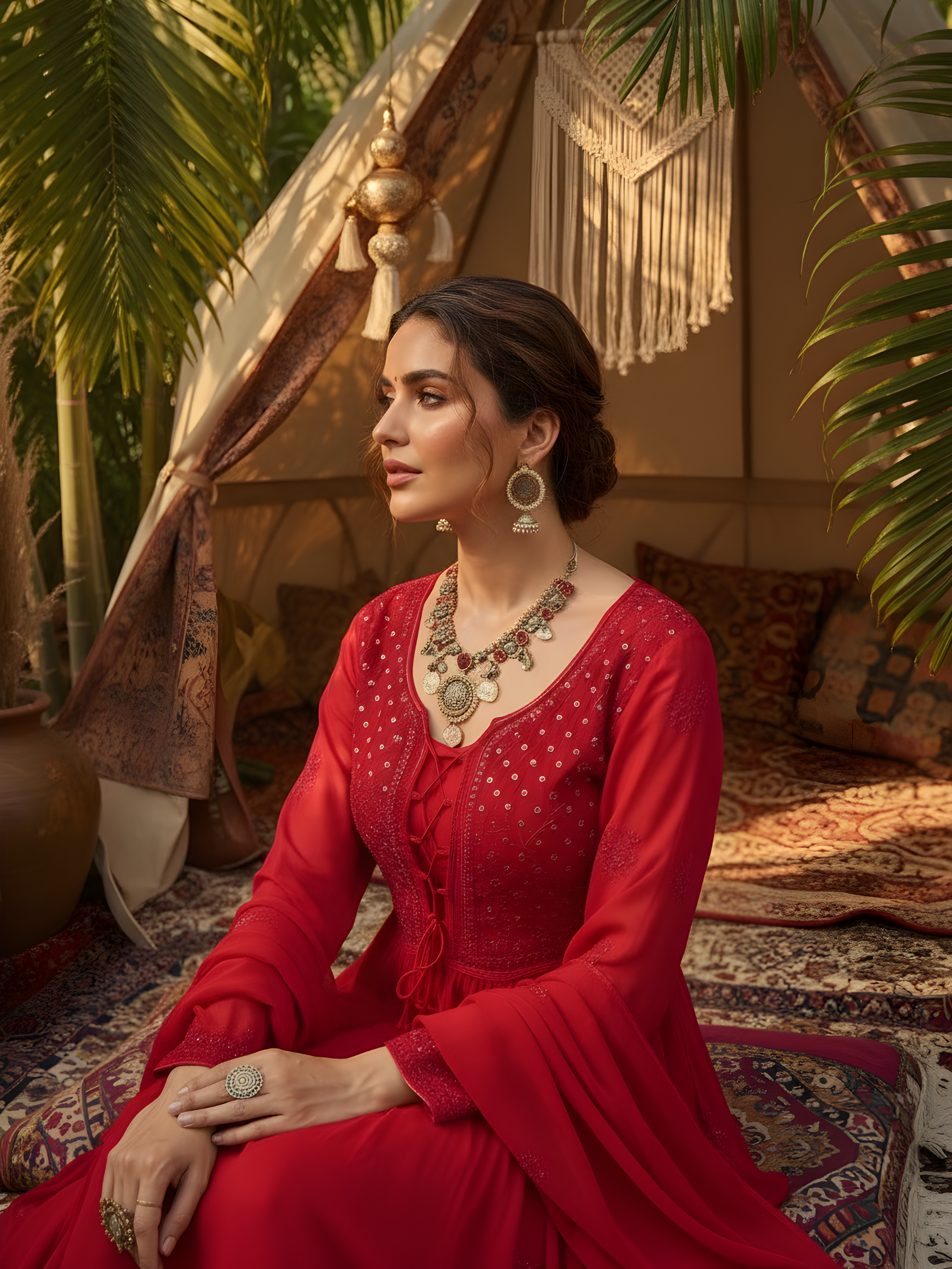Crimson Glow Chikankari Anarkali Set (Set of 3)
