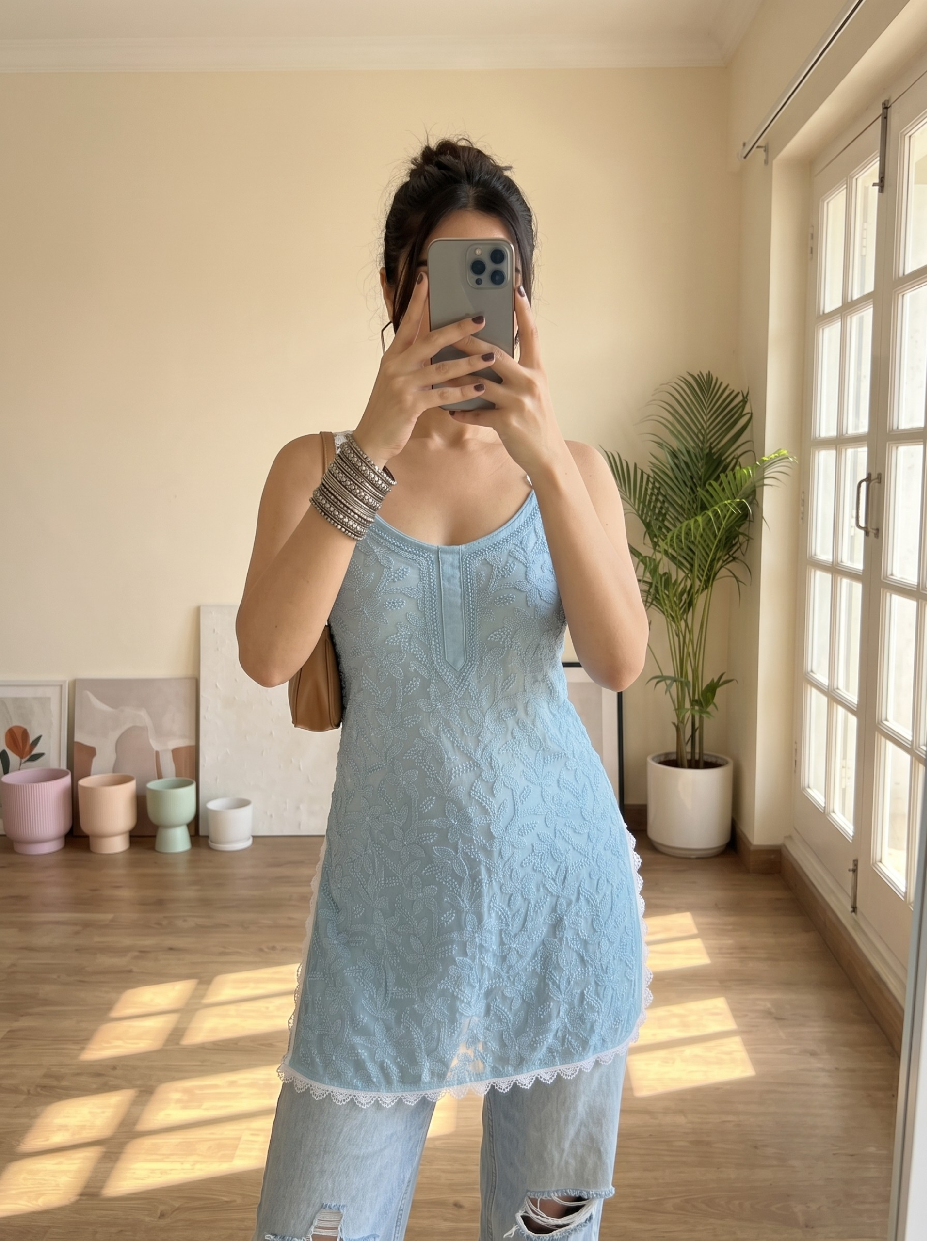 Kusha's Pink Floral Chikankari & Lace Short Kurta